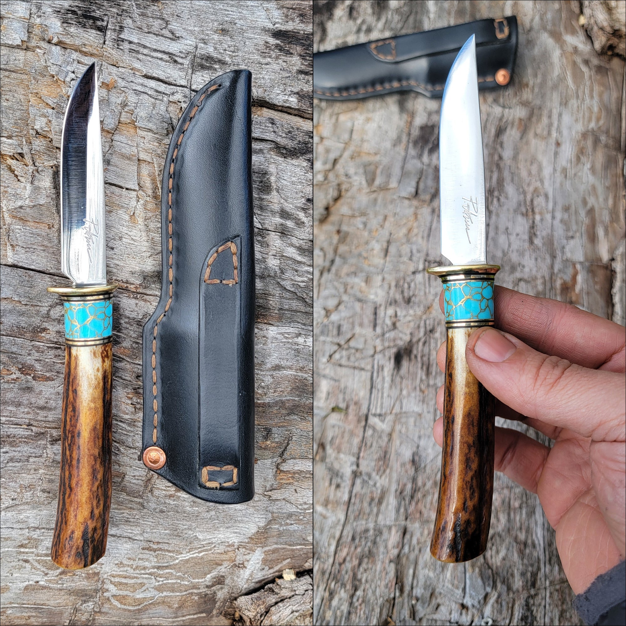 Pete's Custom Knives - Handmade small EDC/pocket knife. Premium Stag/Turquoise with gold web #33