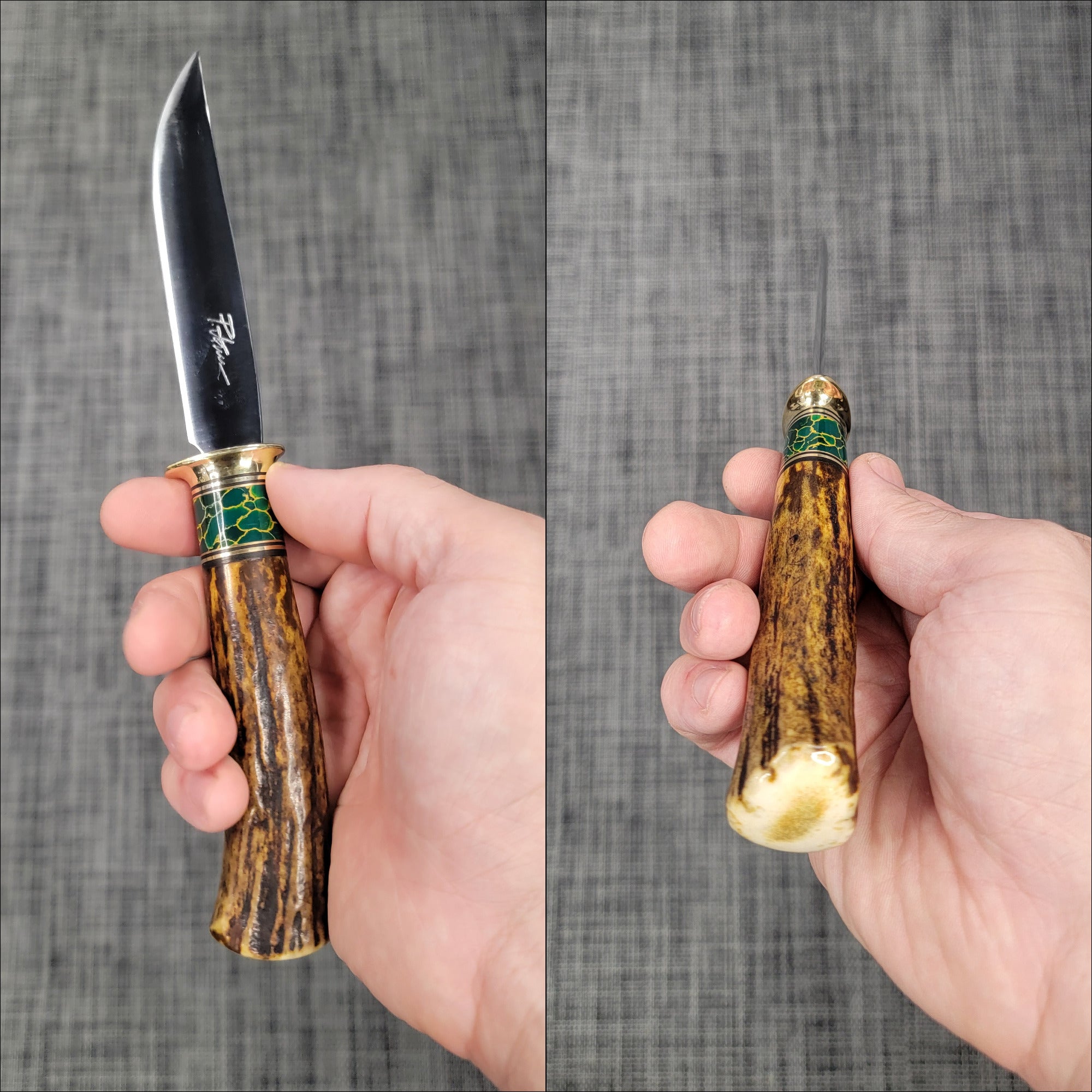 Pete's Custom Knives - Convex Grind Hunter knife. Lauri 105, Green Trustone #39