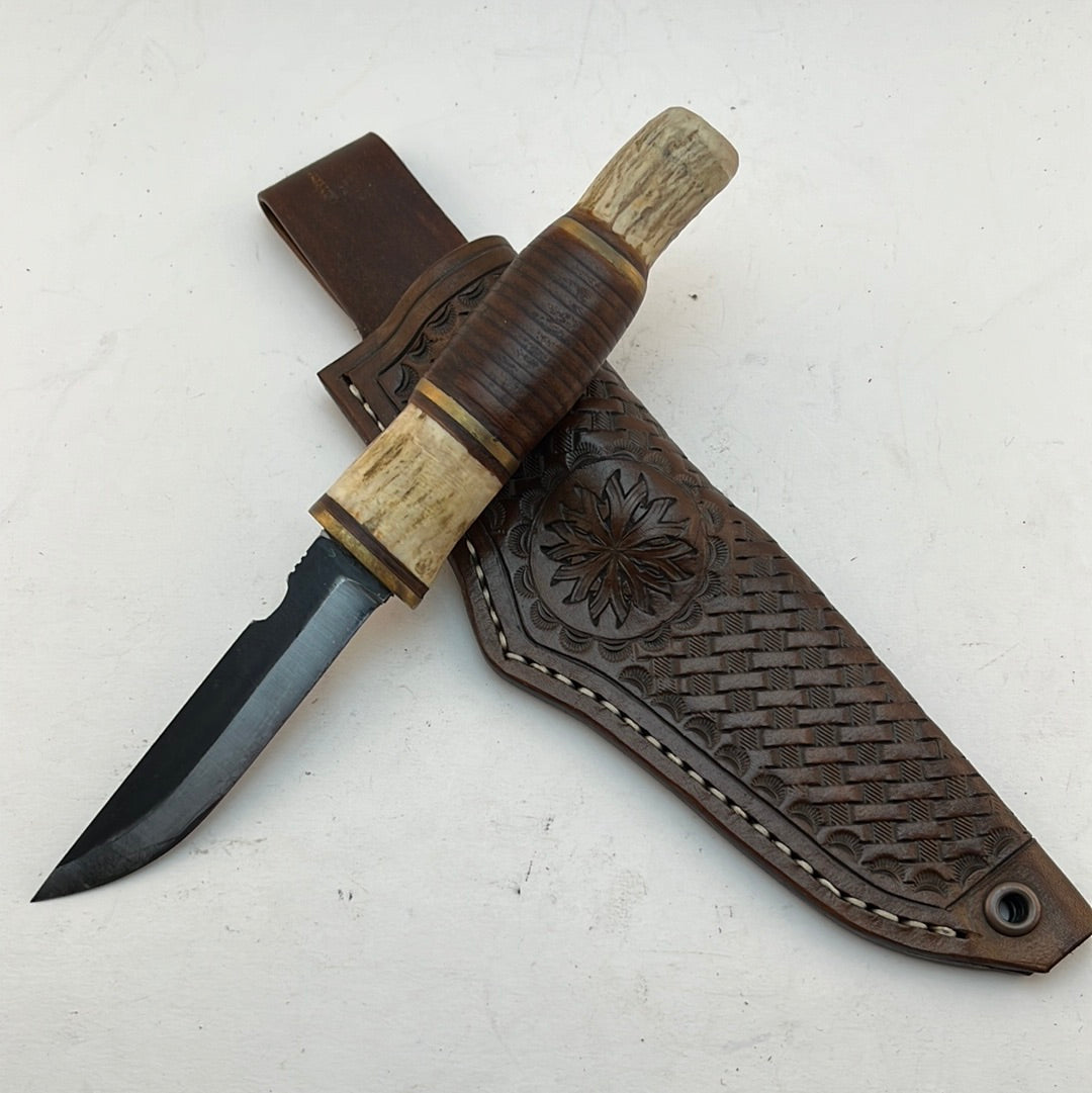 Pecks Woods Leather - Leather Spacer handle with antler pieces and Brass Spacers #40