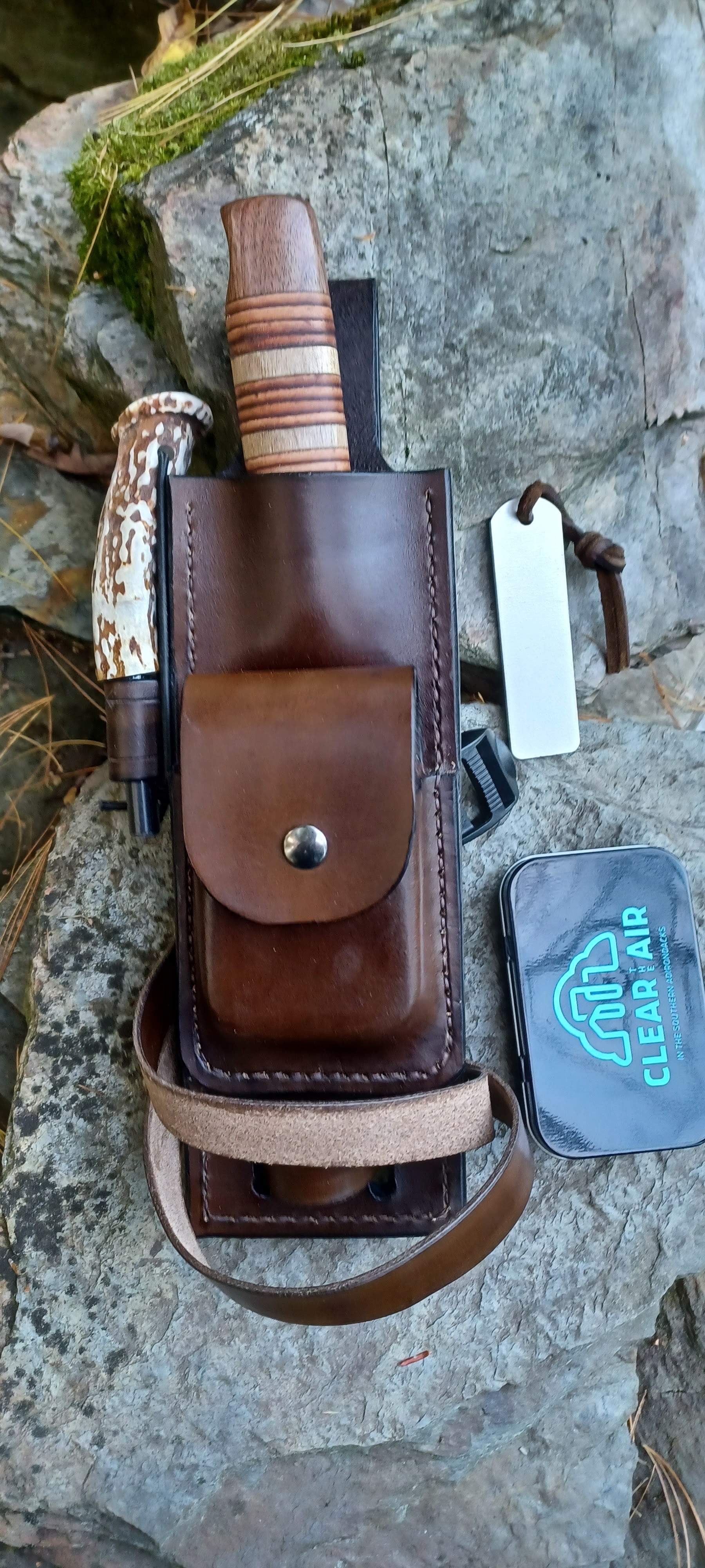 Pecks Woods Leather - Knife, Ferro Rod, Diamond Sharpener, with extra container! #141