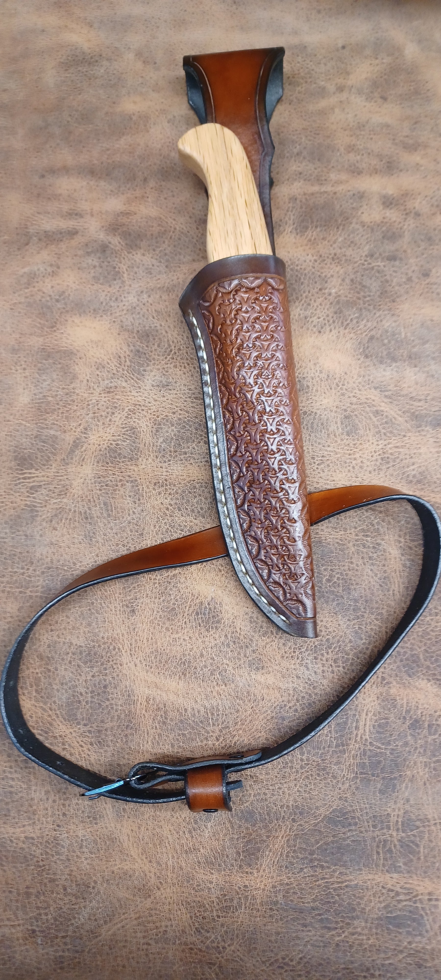 Pecks Woods Leather - Oak Handle / Low Hanging Sheath with Leg Strap #165