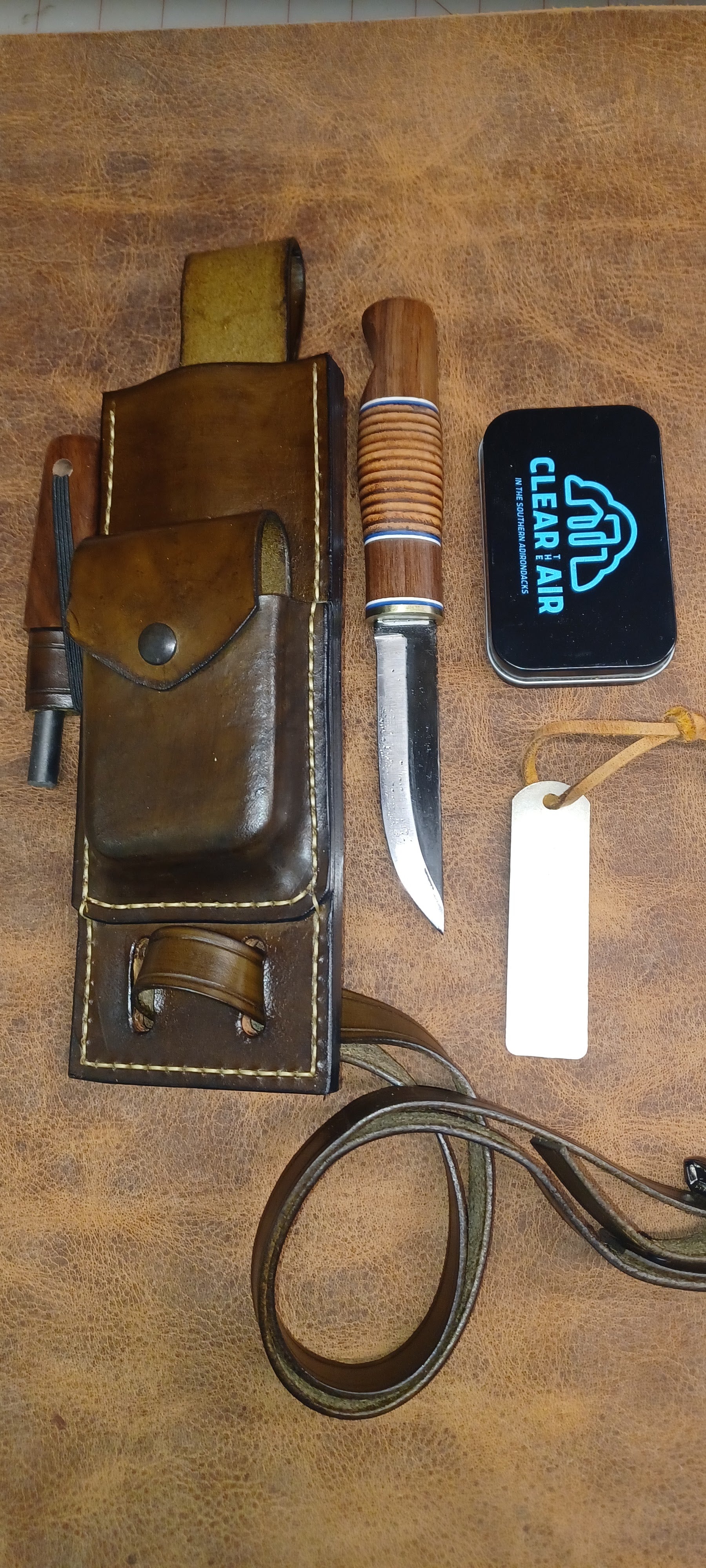 Pecks Woods Leather - Knife, Ferro Rod, Diamond Sharpener, with extra container! #175