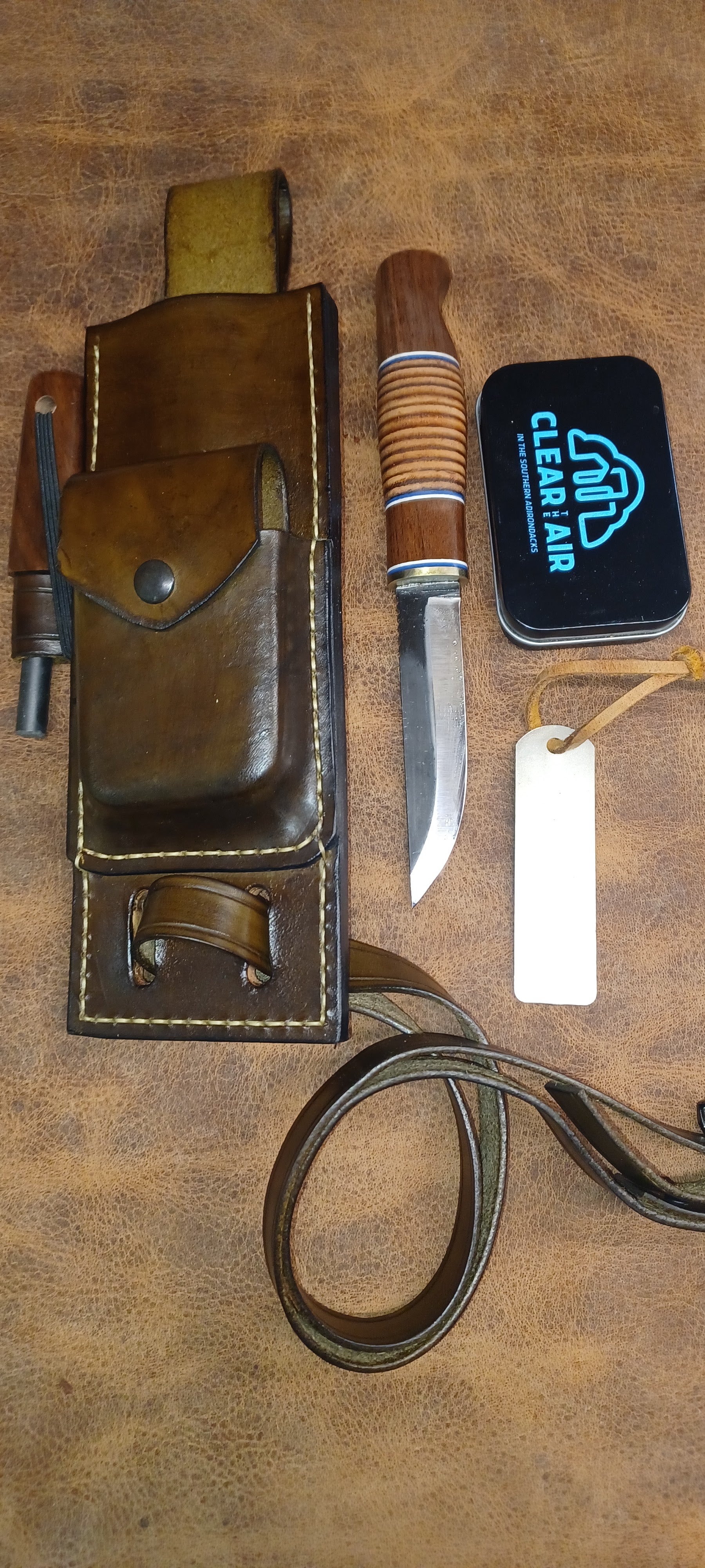 Pecks Woods Leather - Knife, Ferro Rod, Diamond Sharpener, with extra container! #175