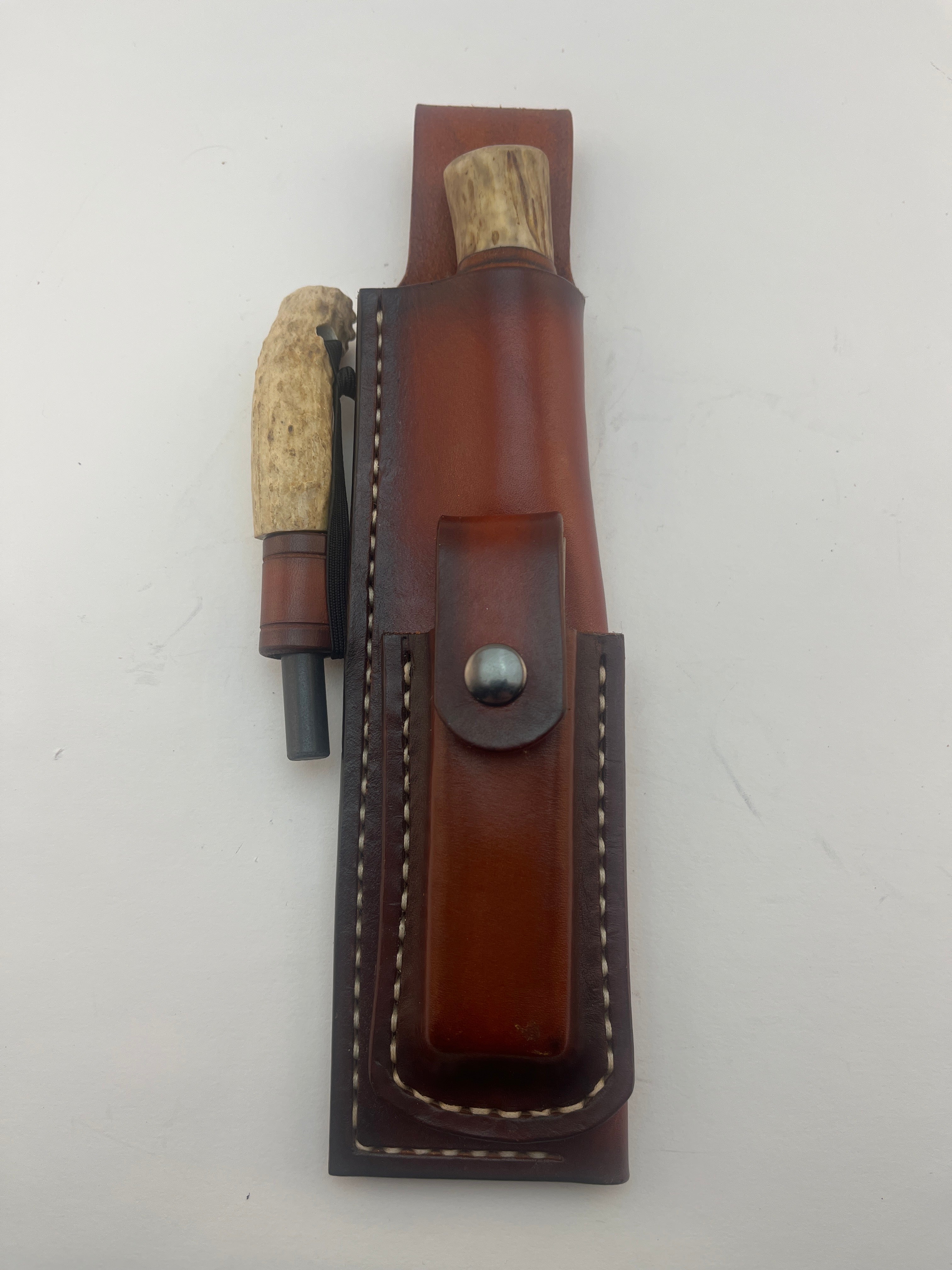 Pecks Woods Leather - Knife, Ferro Rod, Arkansas Sharpener, and Leather sheath #106