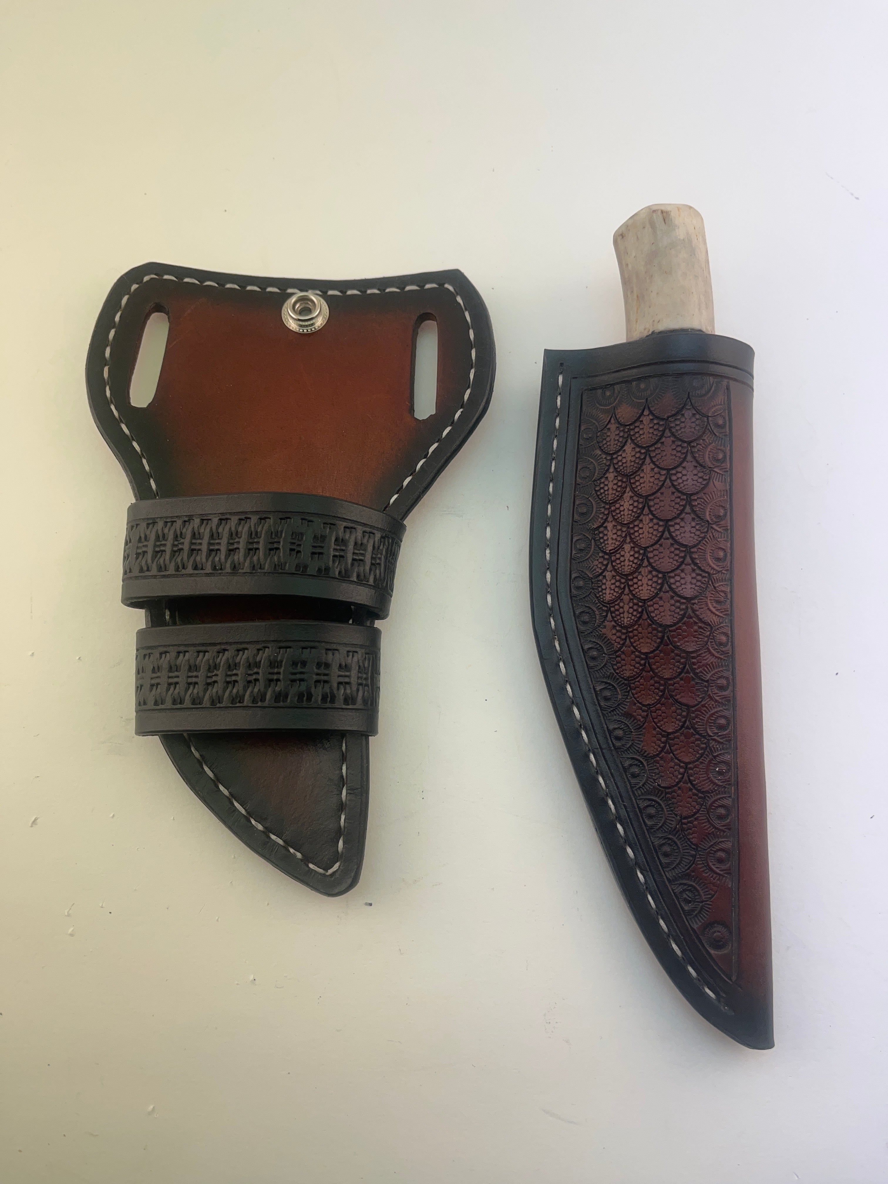 Pecks Woods Leather - Leather Spacer handle with antler pieces #109