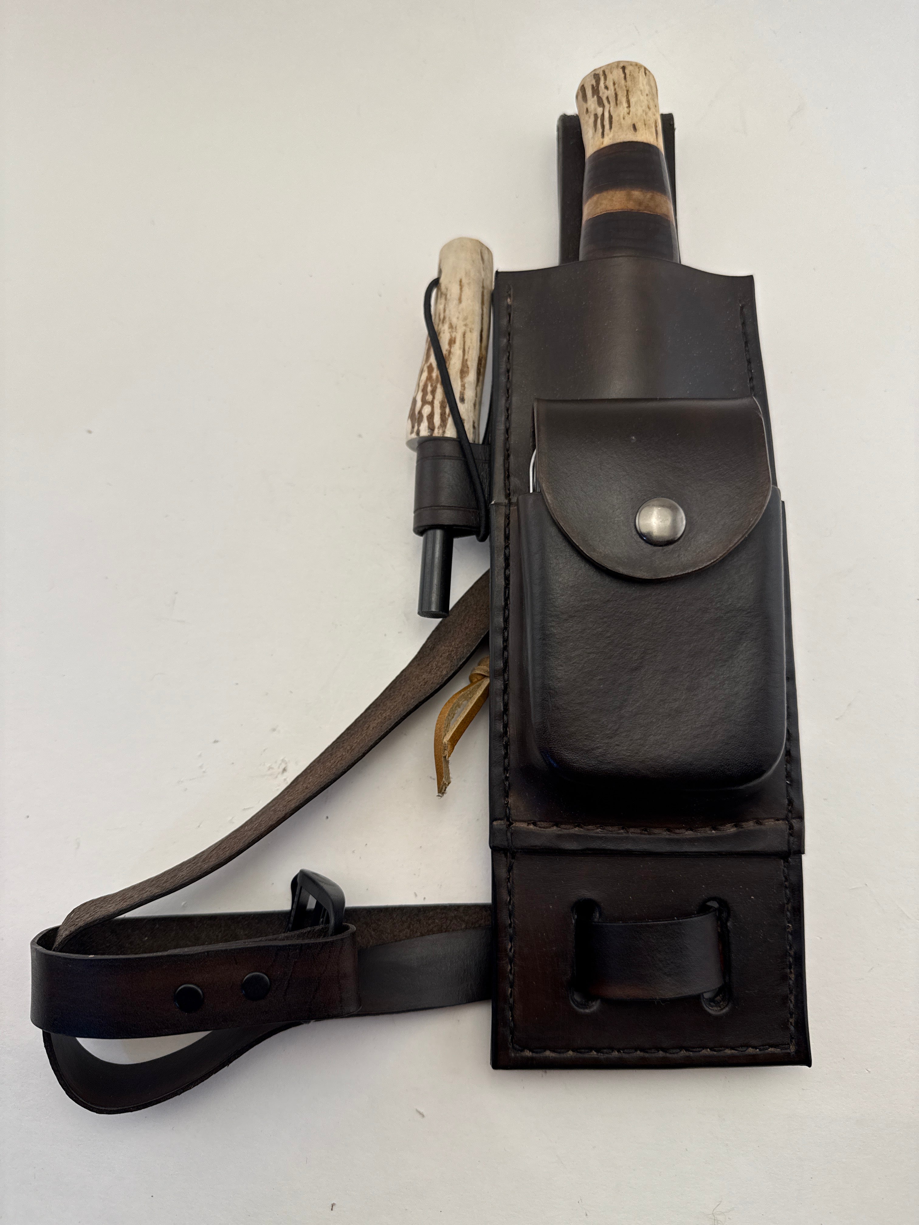 Pecks Woods Leather - Knife, Ferro Rod, Diamond Sharpener, with extra container! #130