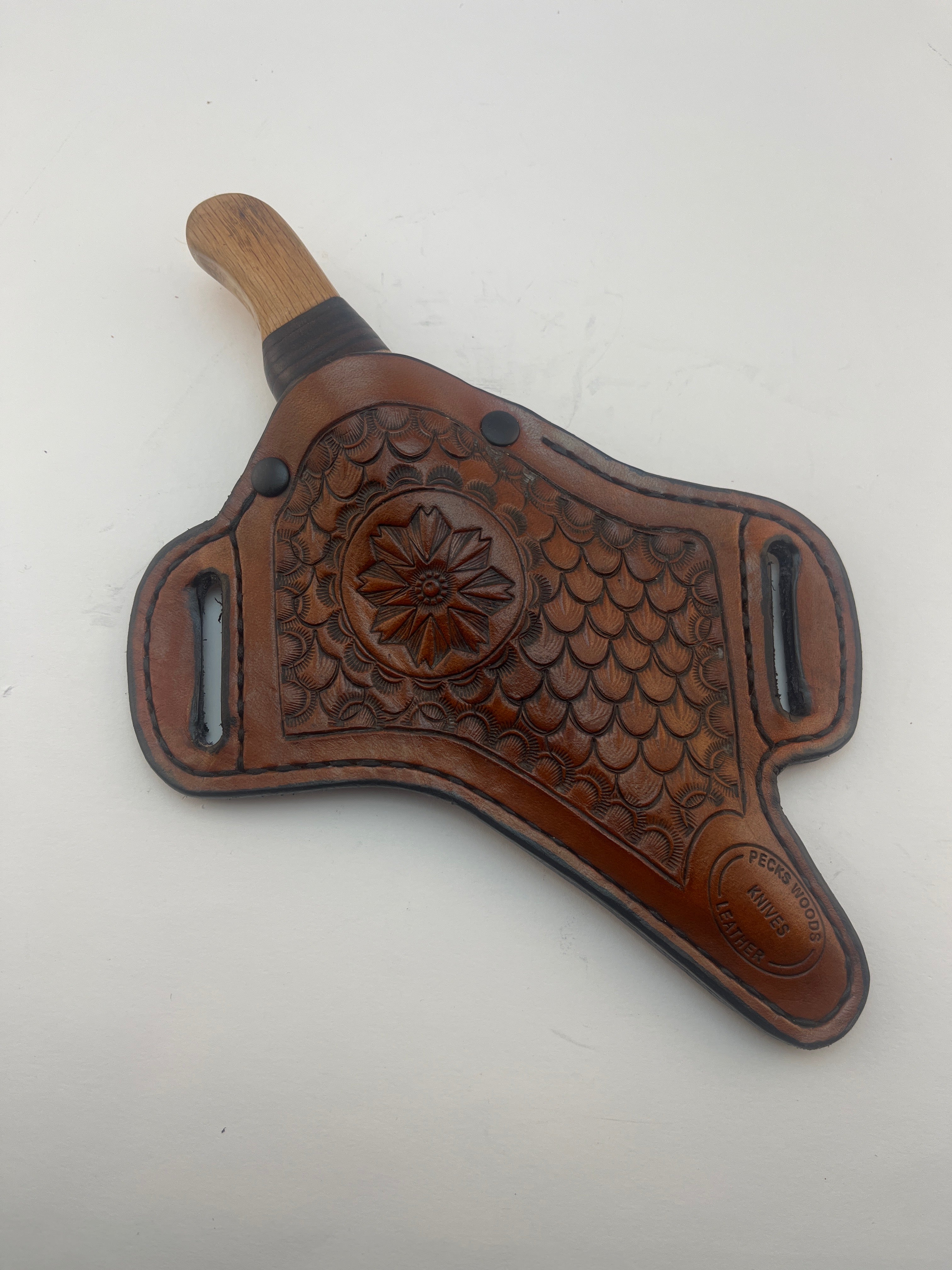 Pecks Woods Leather - Oak / Leather Spacer Handle with Cross Draw Sheath #105