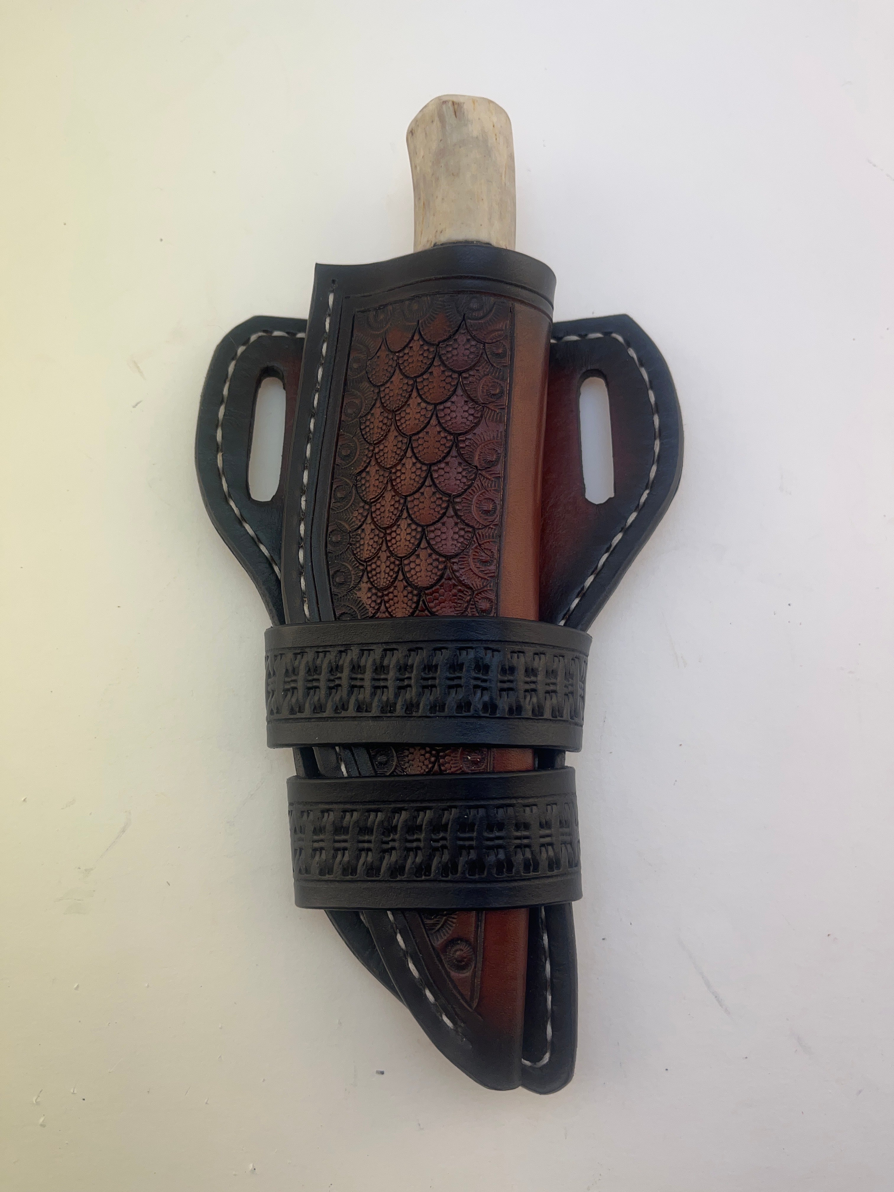 Pecks Woods Leather - Leather Spacer handle with antler pieces #109