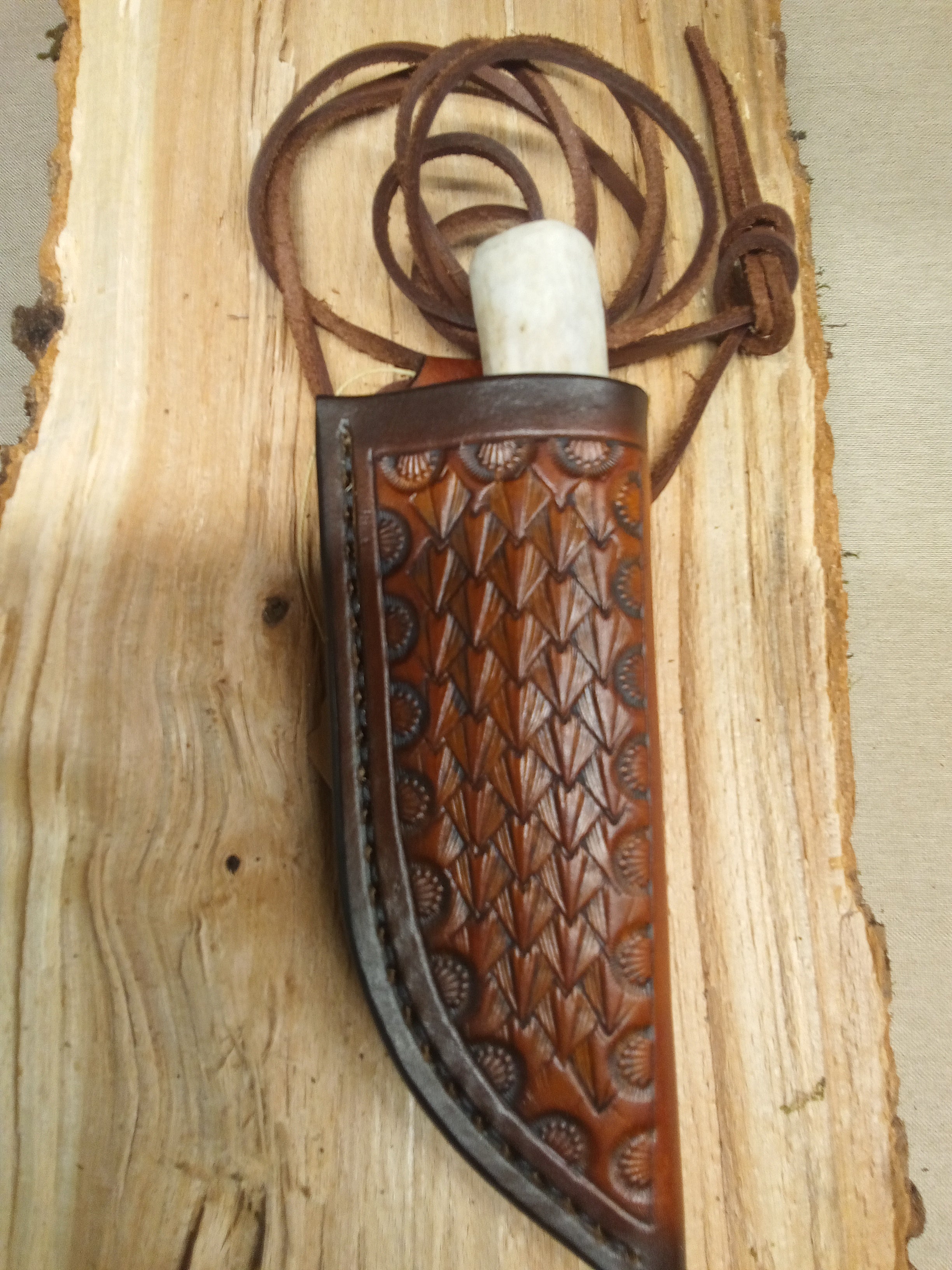 Pecks Woods Leather - Antler / Leather spacer Neck Knife #166