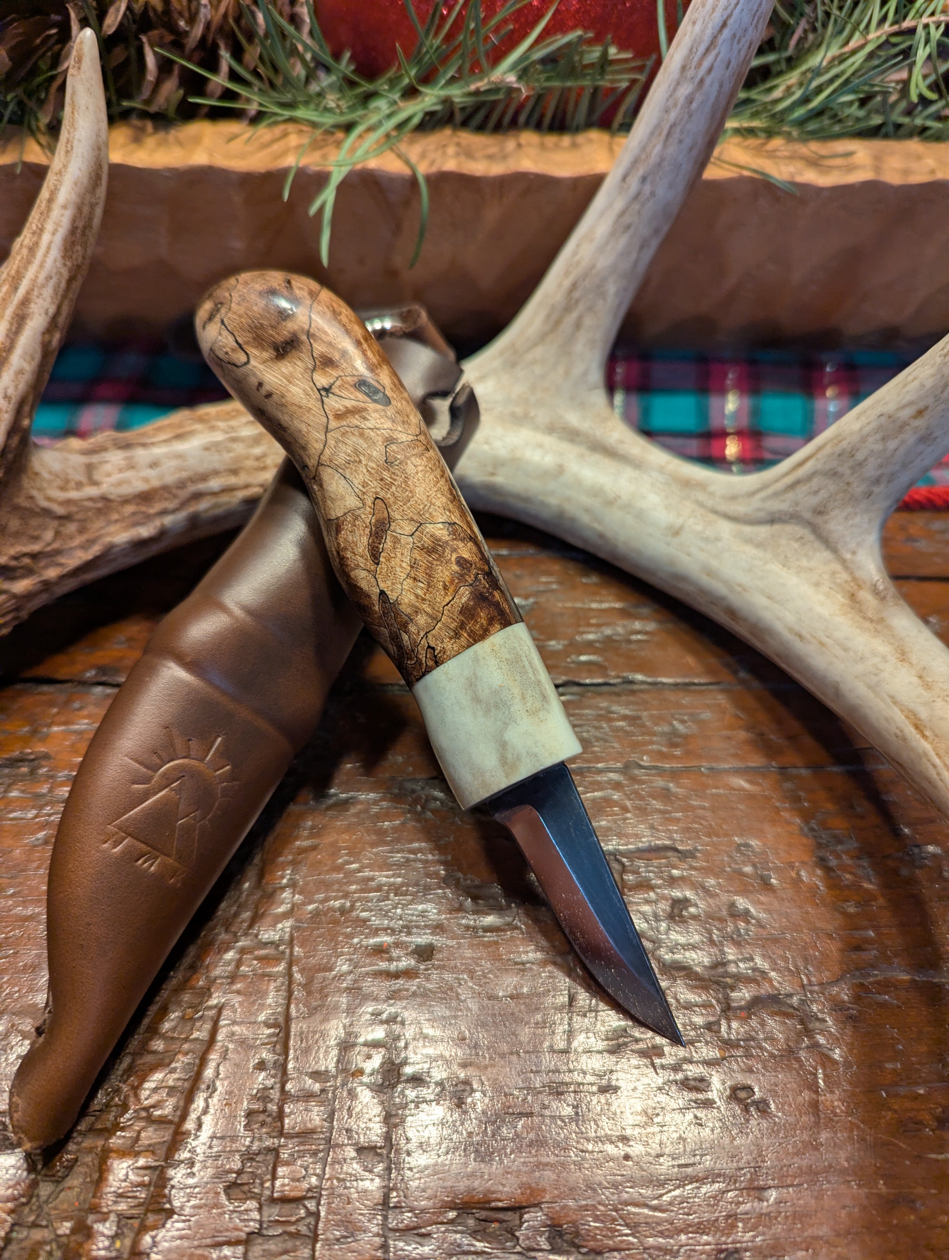 New Mountain Knives - Stabilized spalted cherry burl and reindeer antler #16