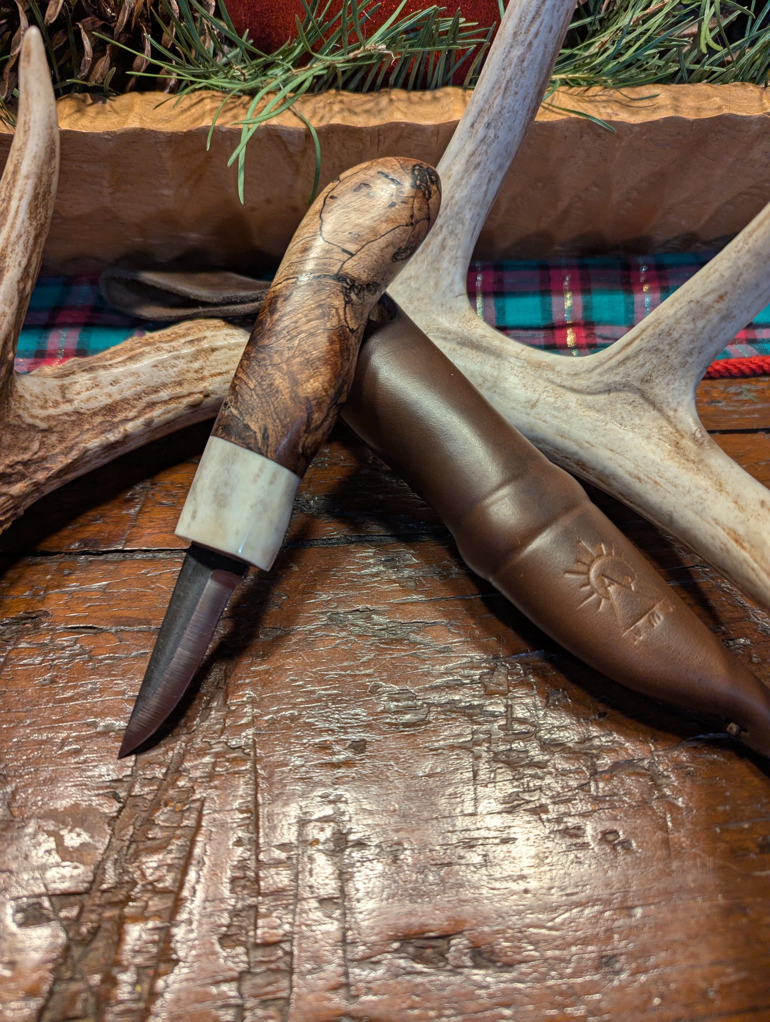 New Mountain Knives - Stabilized spalted cherry burl and reindeer antler #16