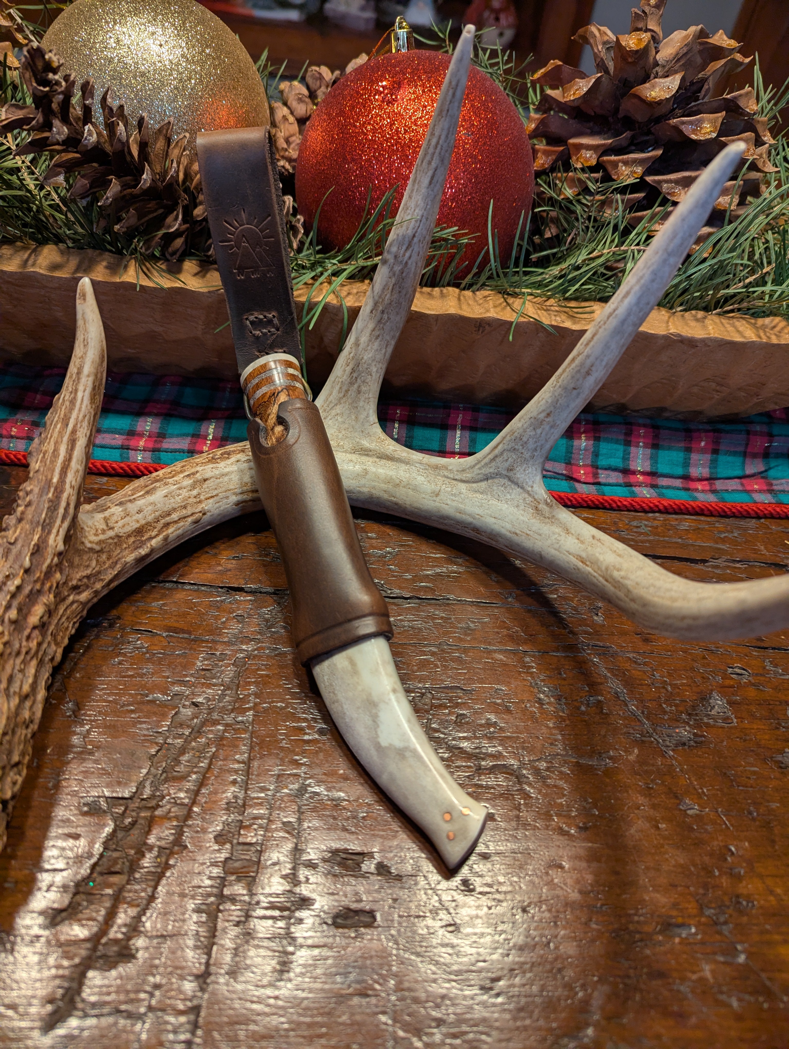 New Mountain Knives - Stabilized spalted cherry burl and reindeer antler and antler sheath #13