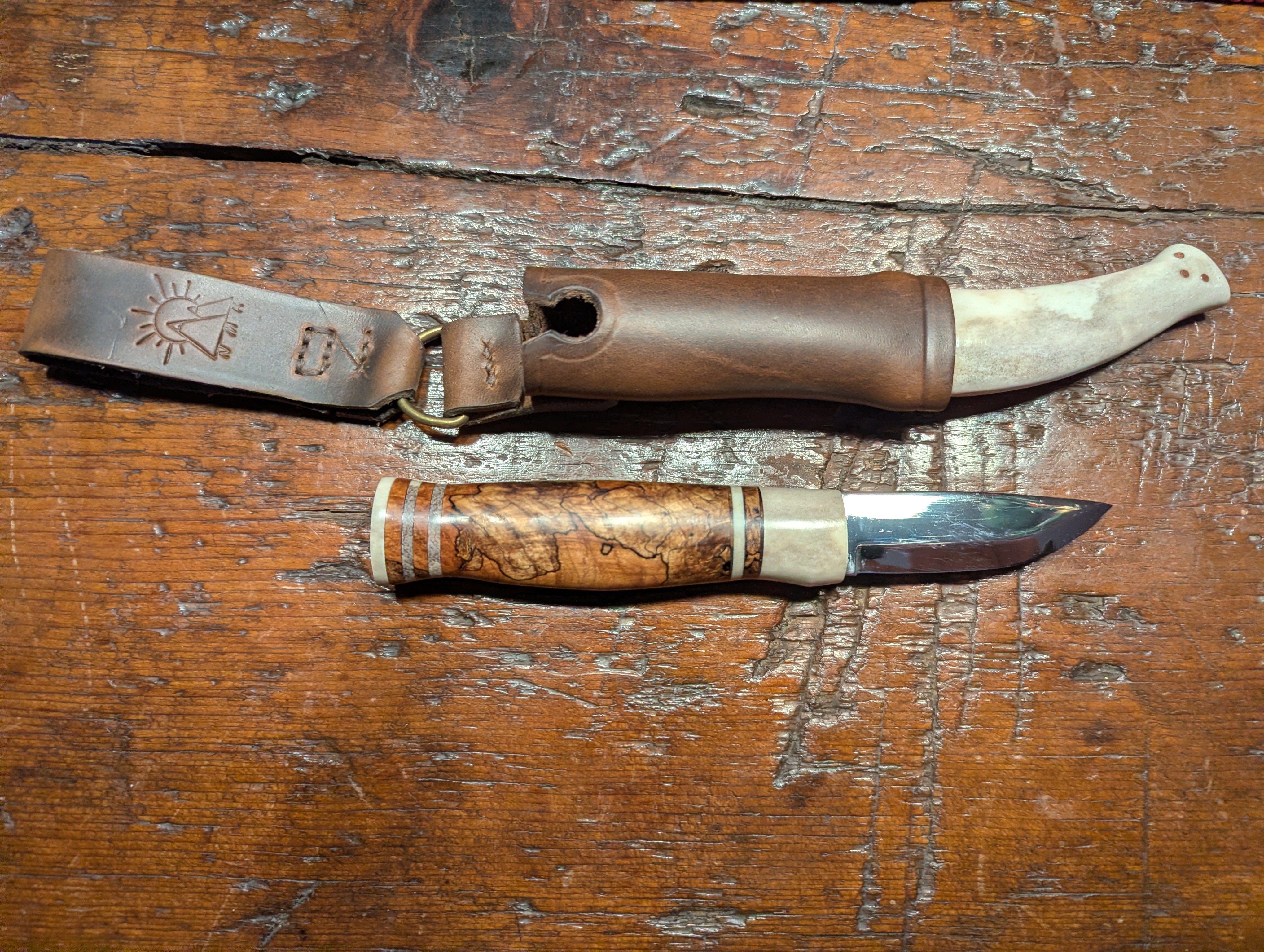 New Mountain Knives - Stabilized spalted cherry burl and reindeer antler and antler sheath #13