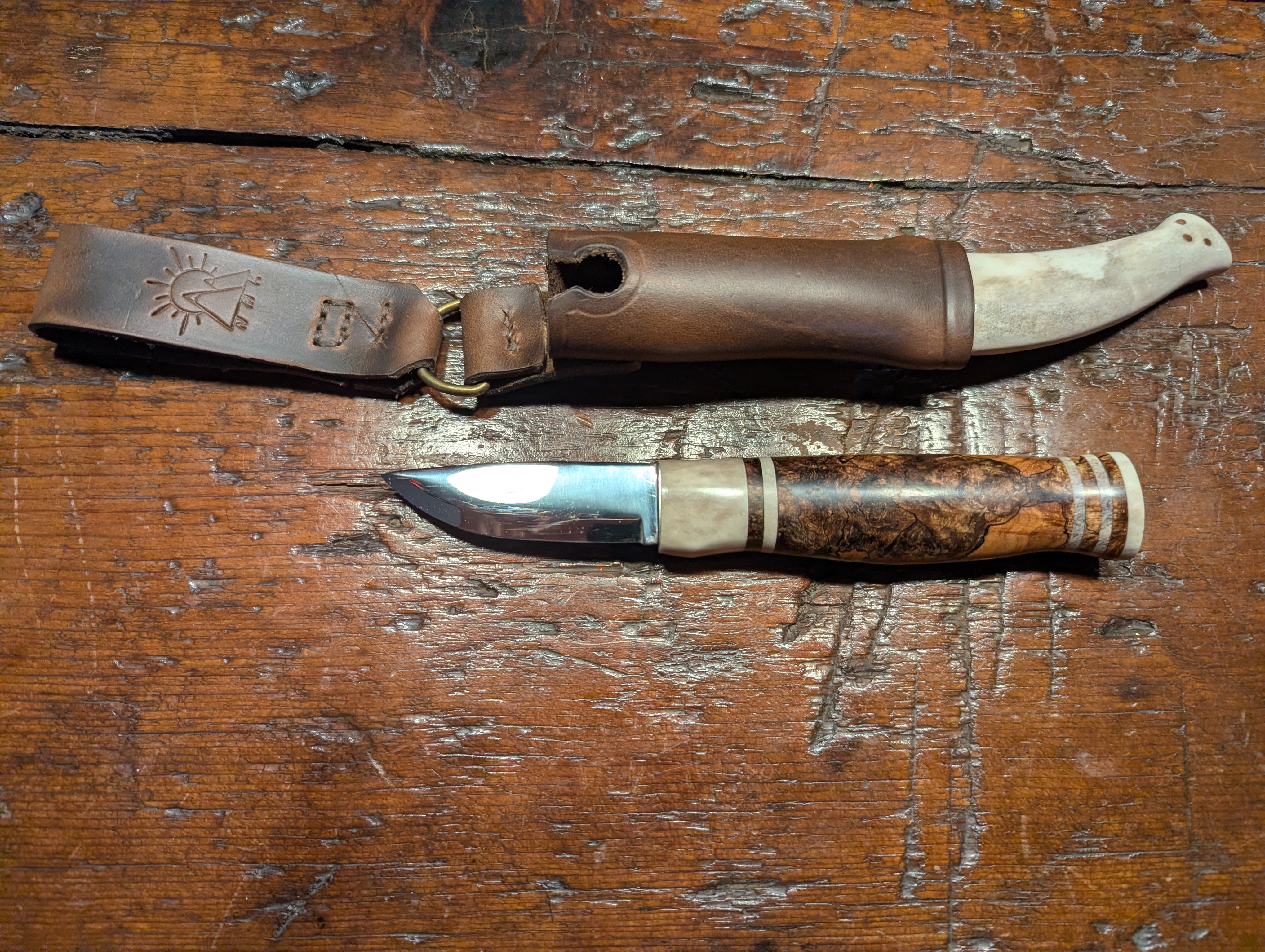 New Mountain Knives - Stabilized spalted cherry burl and reindeer antler and antler sheath #13