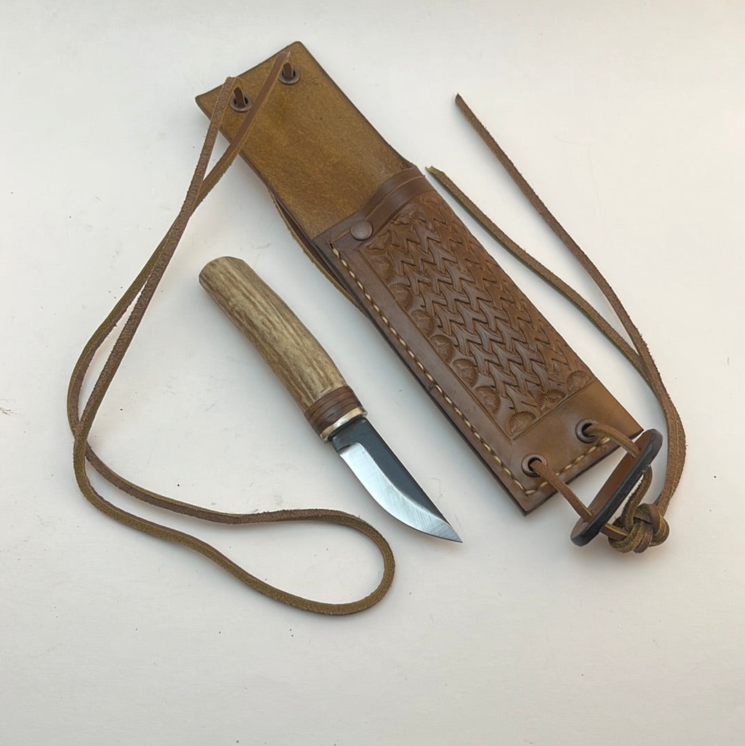 Pecks Woods Leather - Antler and Leather spacer Neck Knife #63