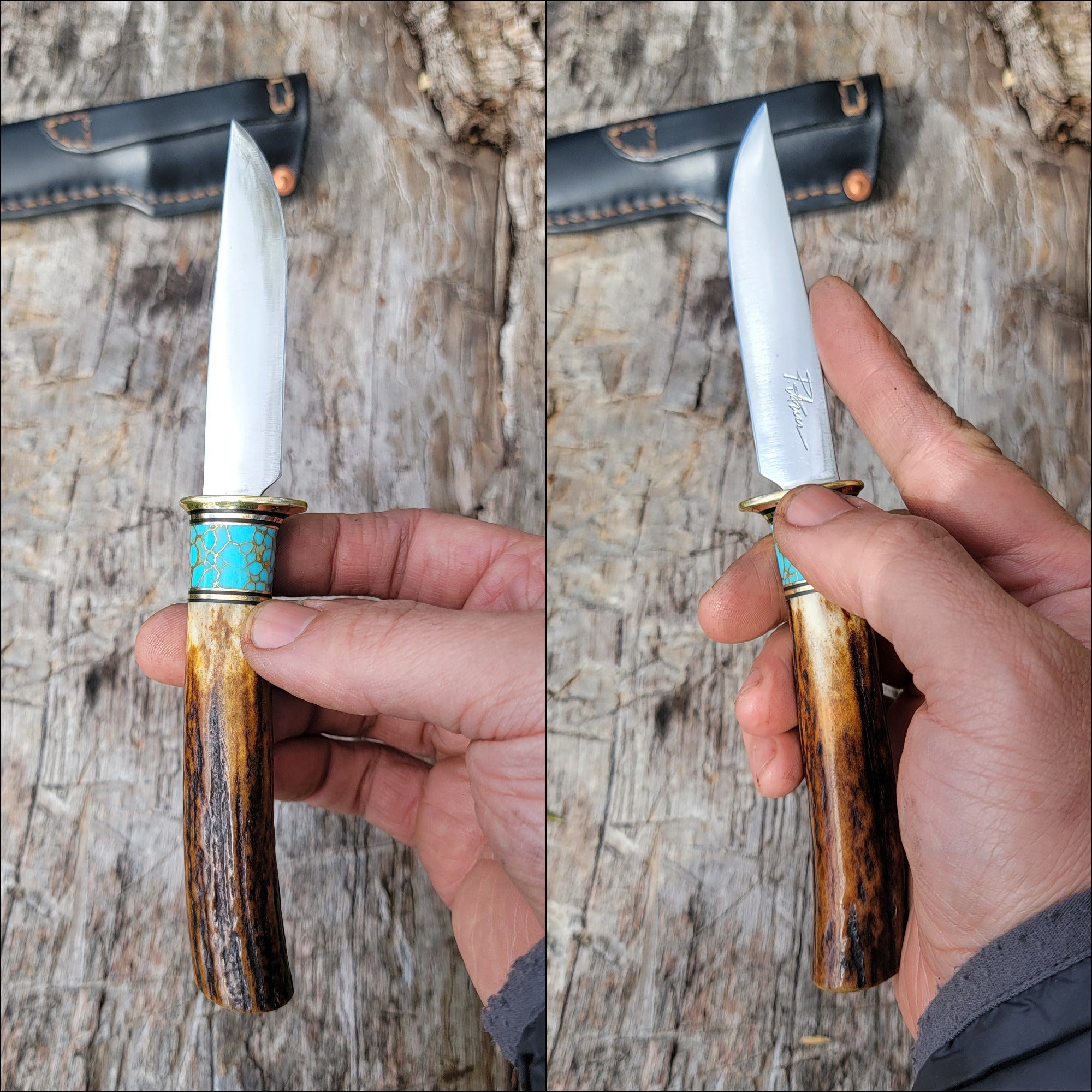 Pete's Custom Knives - Handmade small EDC/pocket knife. Premium Stag/Turquoise with gold web #33