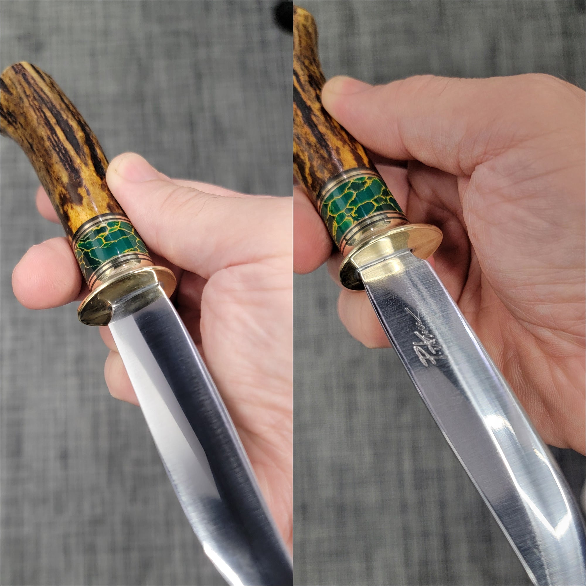 Pete's Custom Knives - Convex Grind Hunter knife. Lauri 105, Green Trustone #39