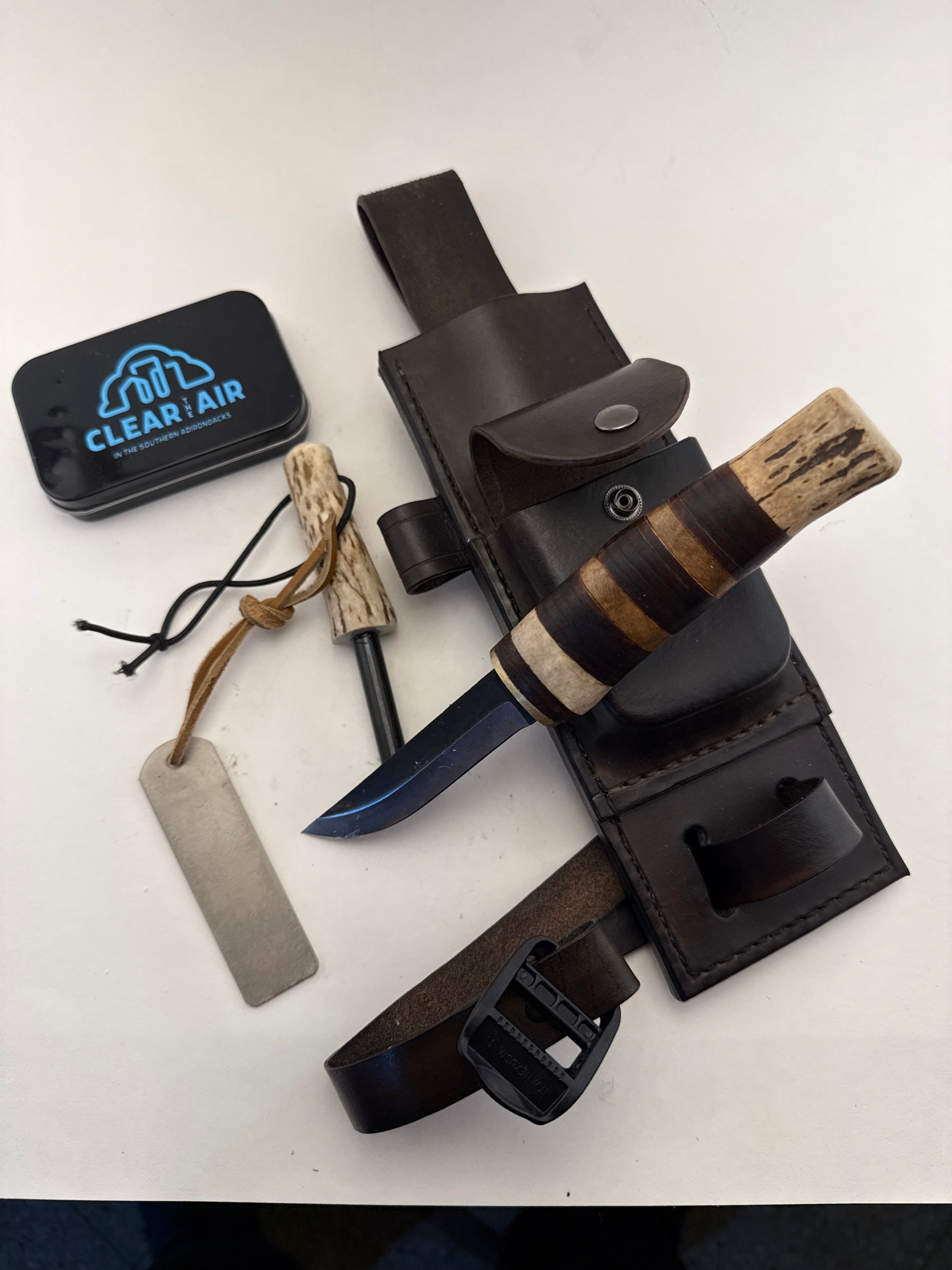 Pecks Woods Leather - Knife, Ferro Rod, Diamond Sharpener, with extra container! #130
