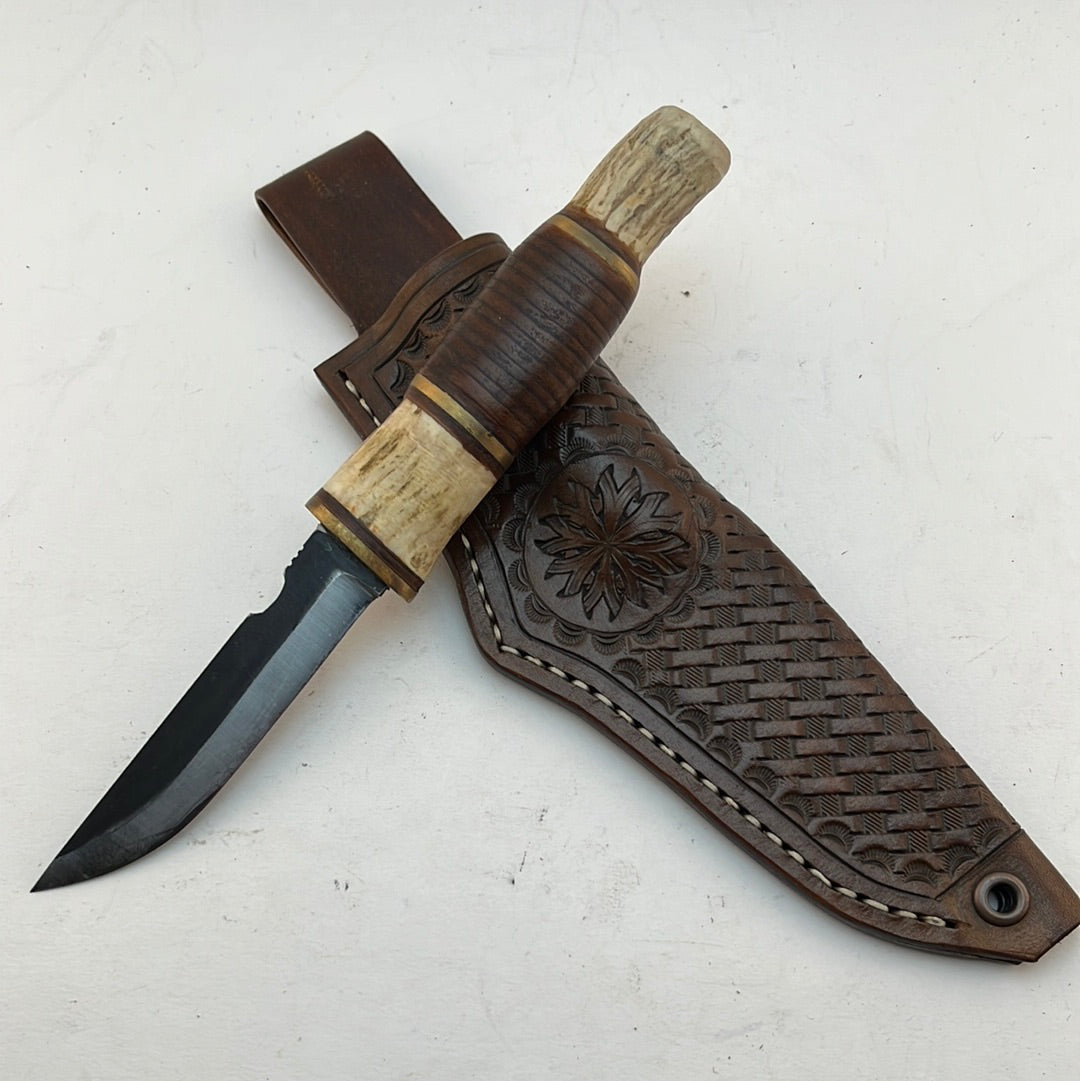 Pecks Woods Leather - Leather Spacer handle with antler pieces and Brass Spacers  #40