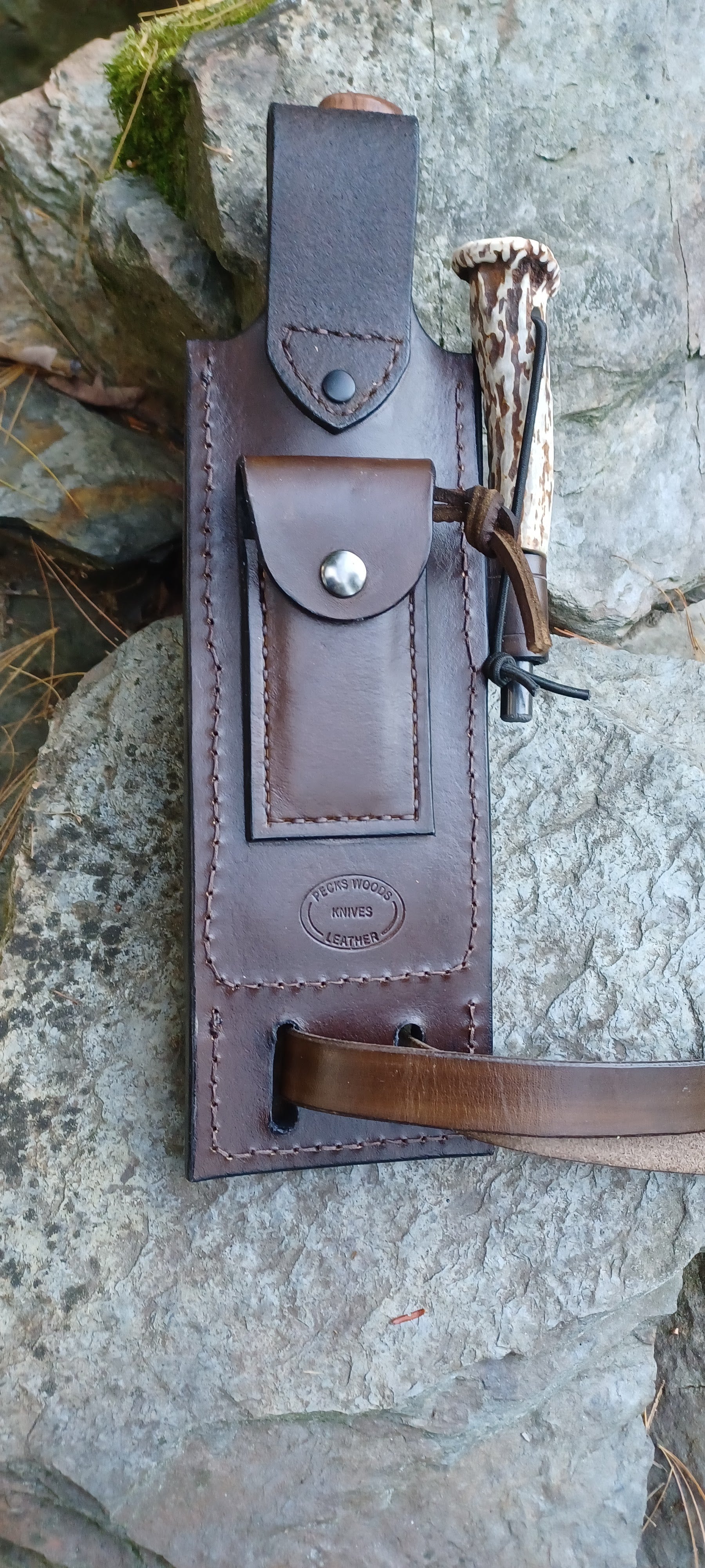 Pecks Woods Leather - Knife, Ferro Rod, Diamond Sharpener, with extra container! #141