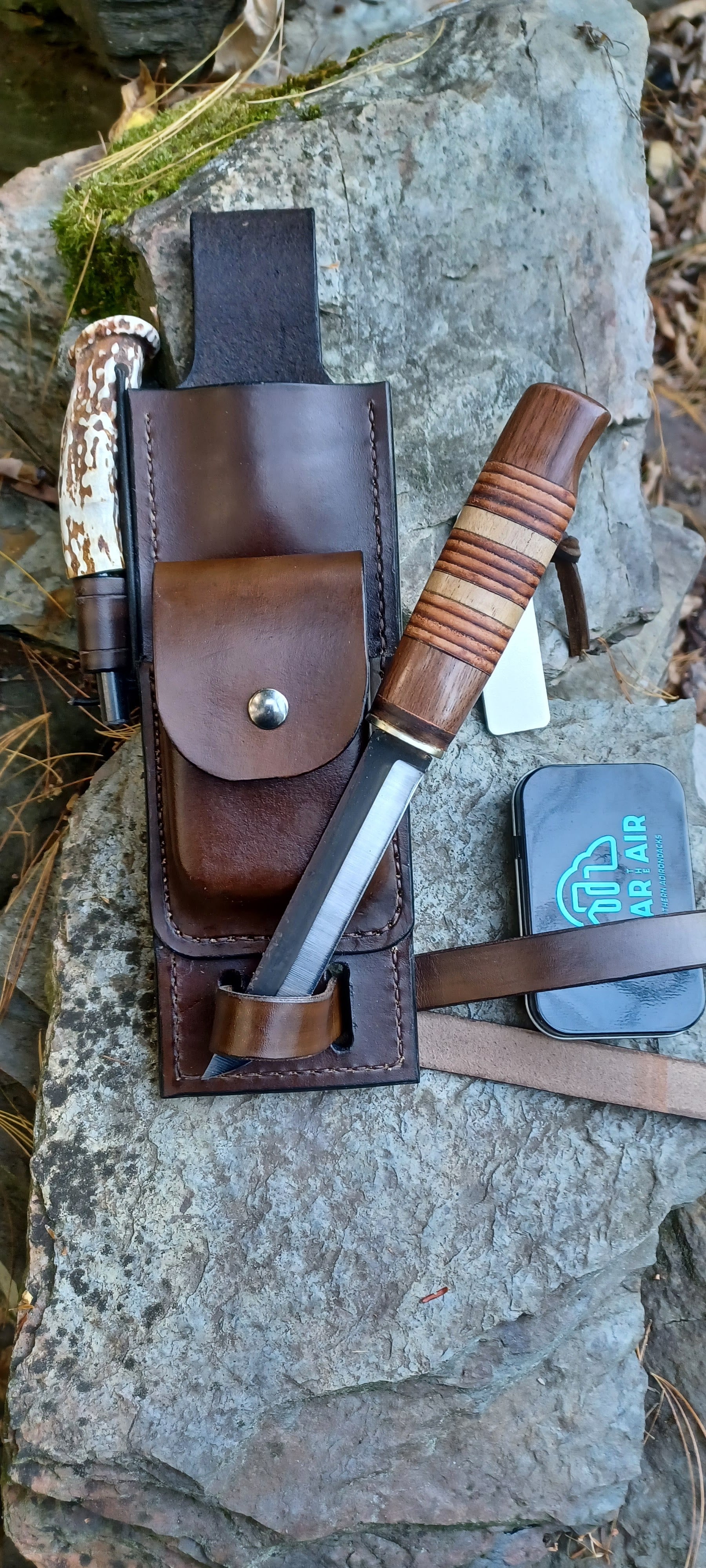 Pecks Woods Leather - Knife, Ferro Rod, Diamond Sharpener, with extra container! #141