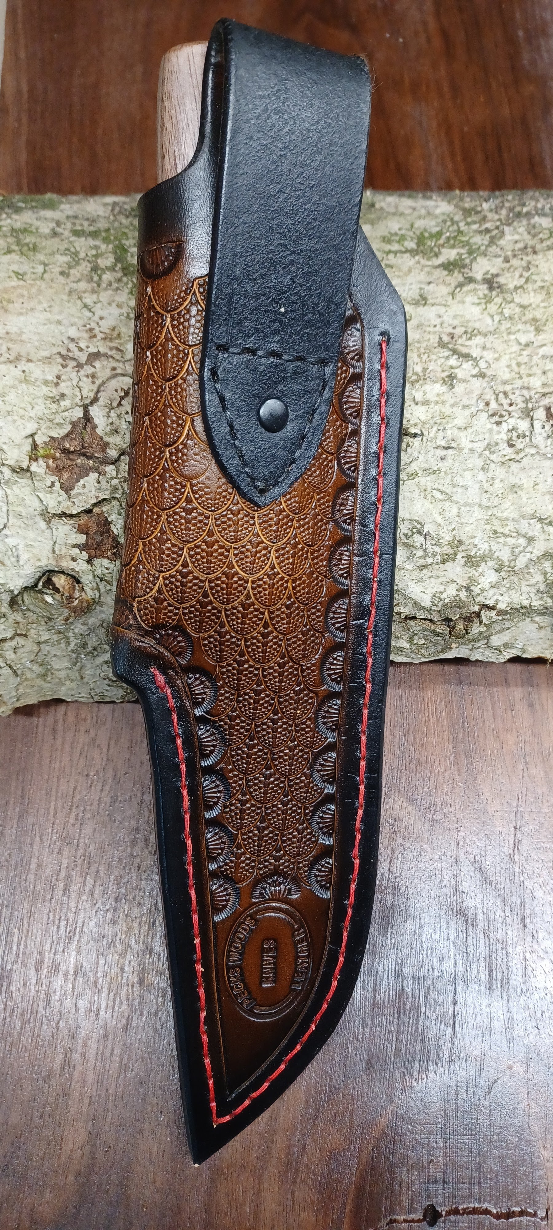 Pecks Woods Leather - Black Walnut / Leather Spacer handle with butterfly sheath  #140