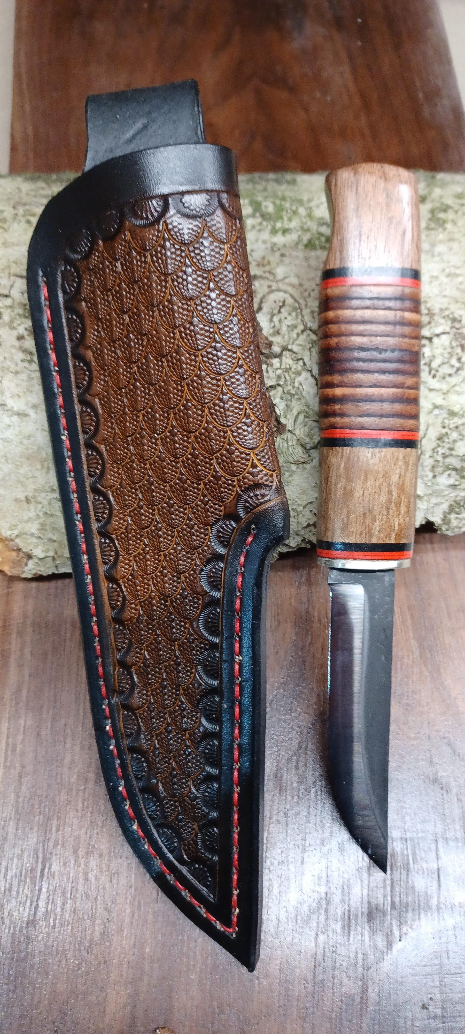 Pecks Woods Leather - Black Walnut / Leather Spacer handle with butterfly sheath  #140