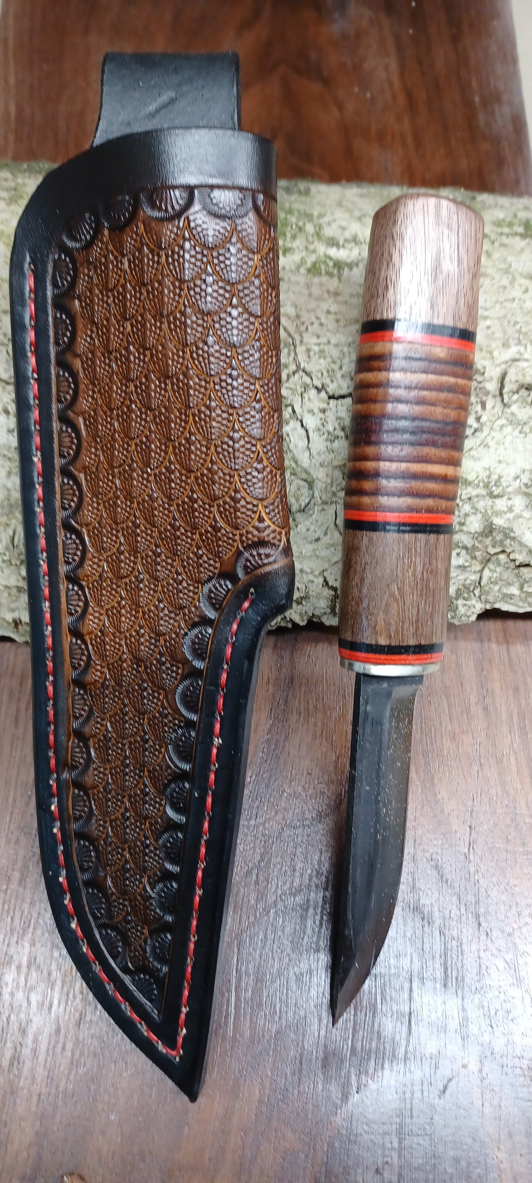 Pecks Woods Leather - Black Walnut / Leather Spacer handle with butterfly sheath  #140