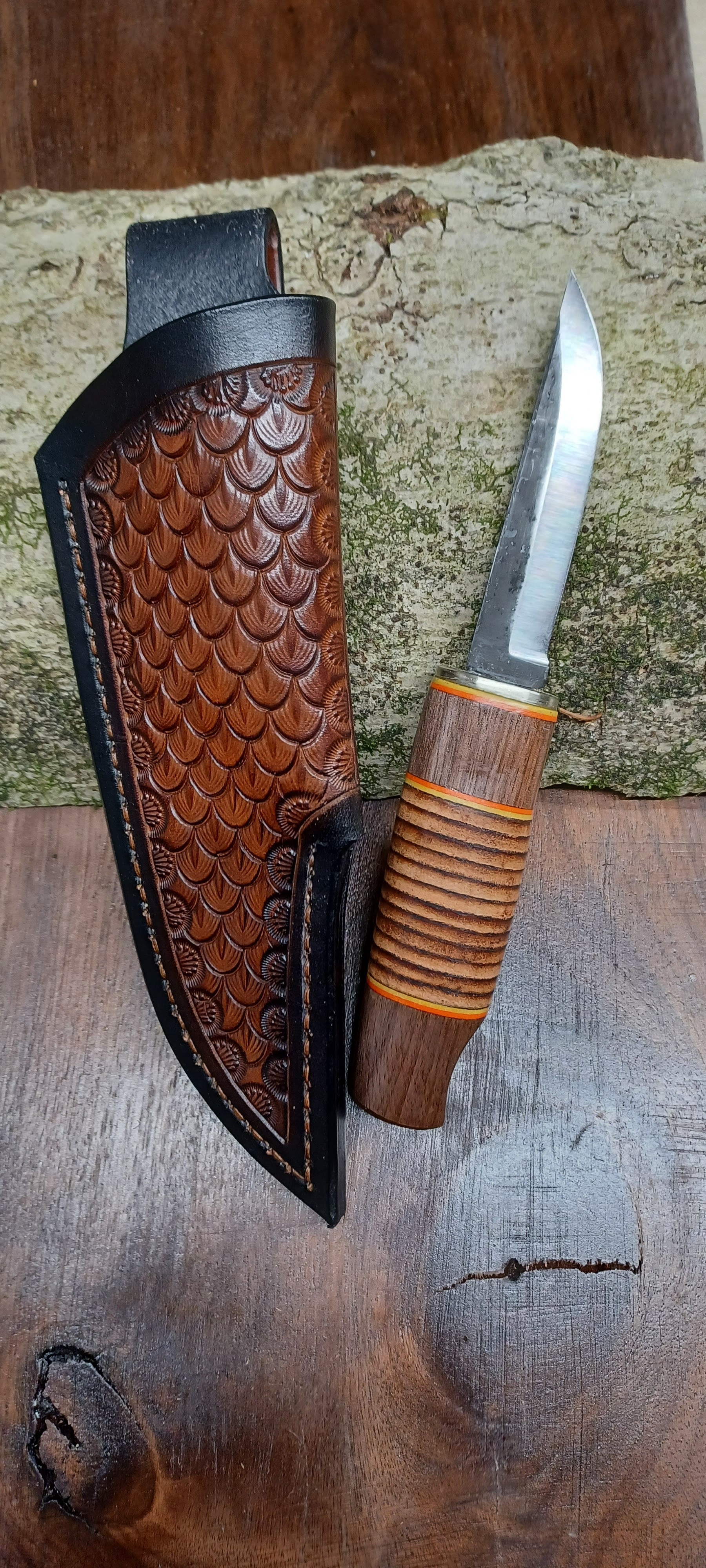 Pecks Woods Leather - Black Walnut/Stacked Leather knife #148