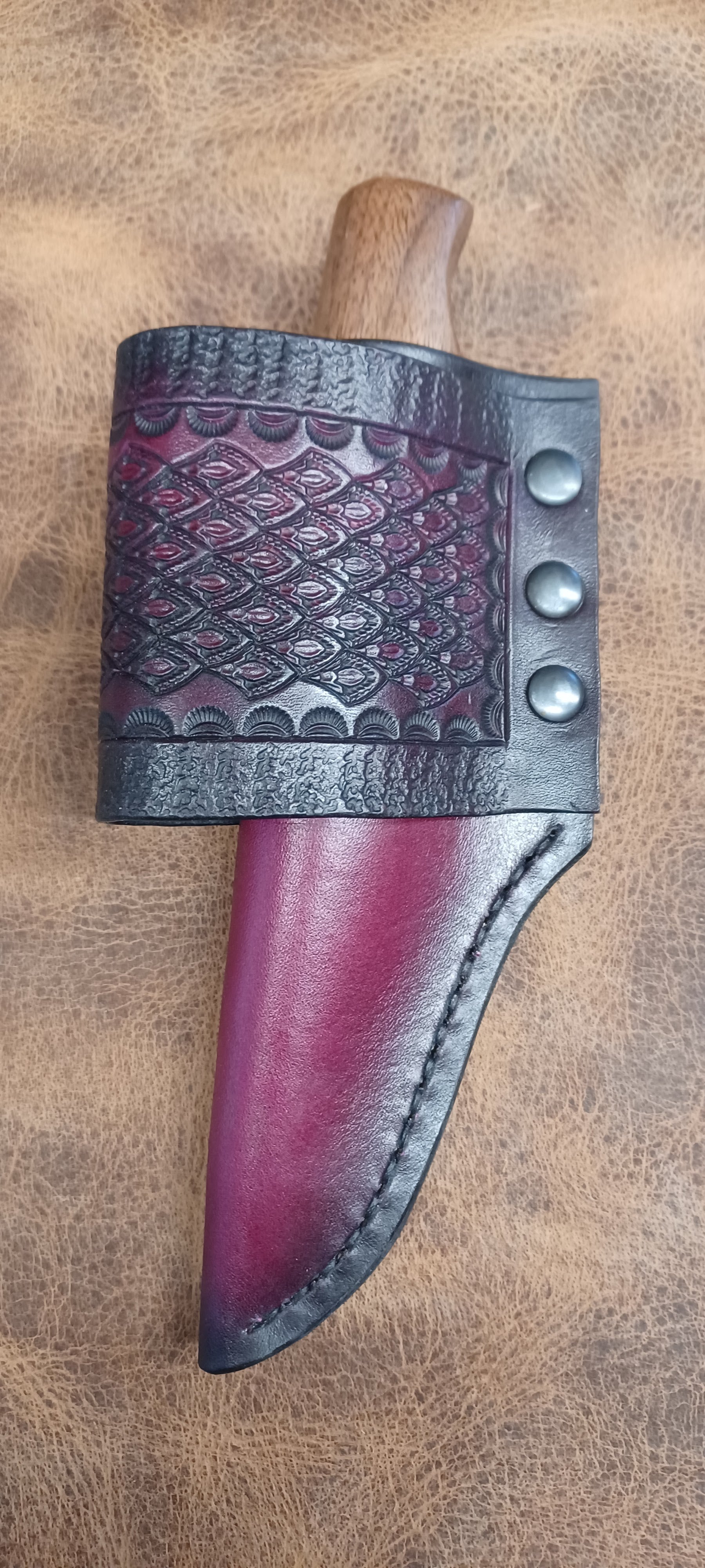 Pecks Woods Leather - Leather Spacer / Black Walnut Handle with Scout Carry Sheath #152