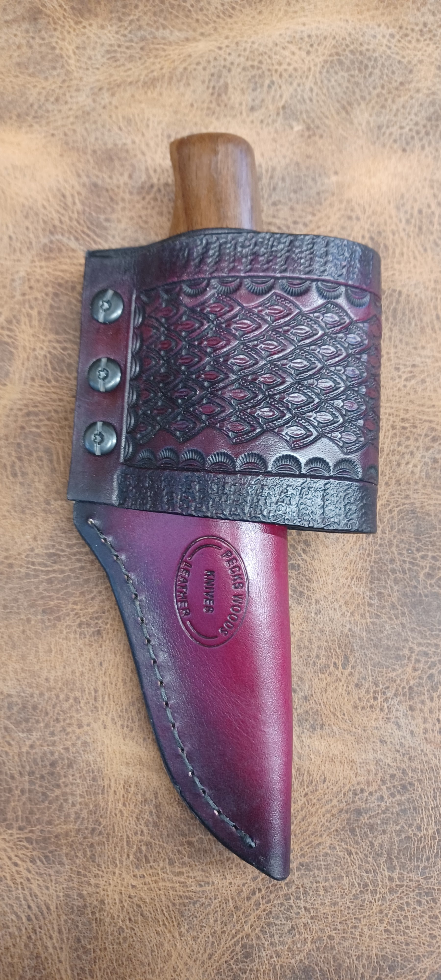 Pecks Woods Leather - Leather Spacer / Black Walnut Handle with Scout Carry Sheath #152