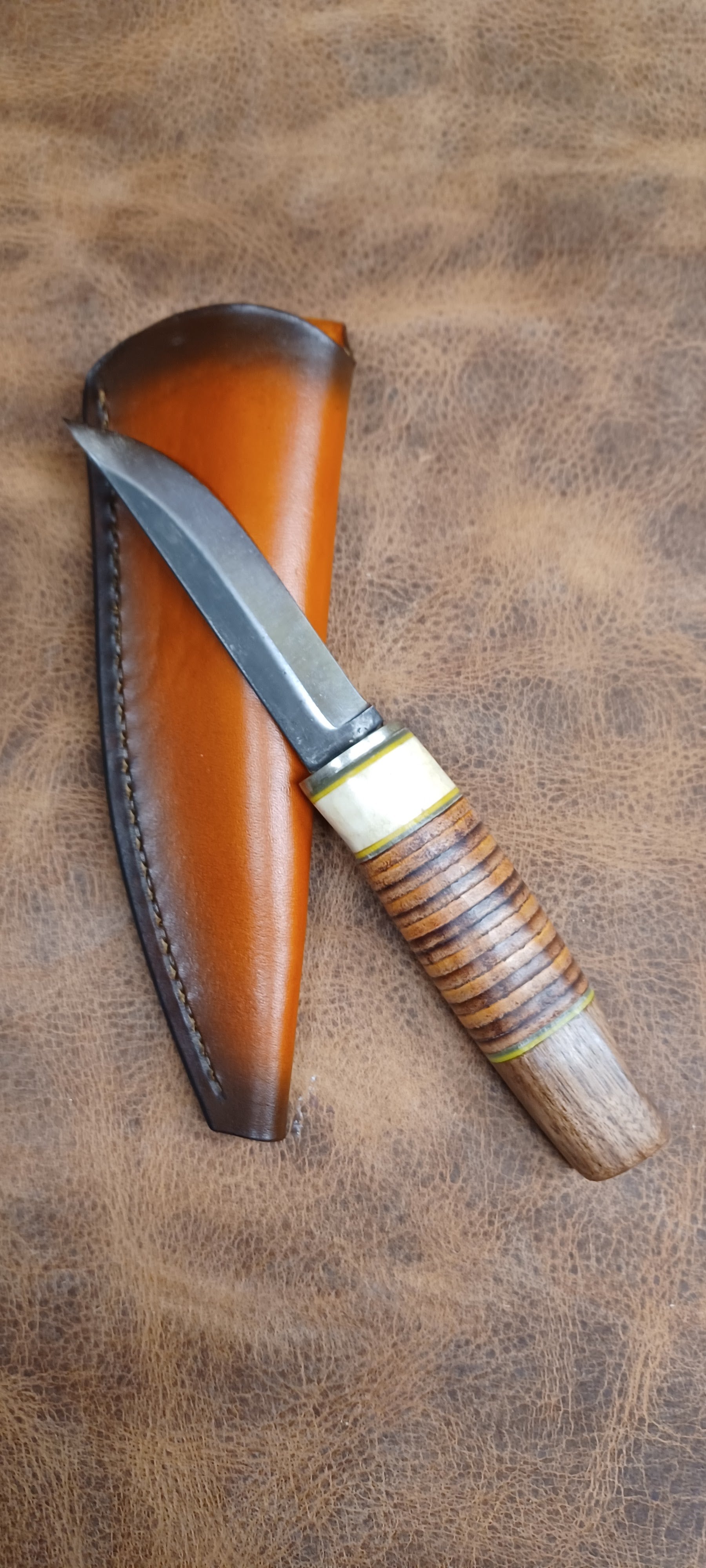 Pecks Woods Leather - Black Walnut / Leather Spacer / Antler handle #1