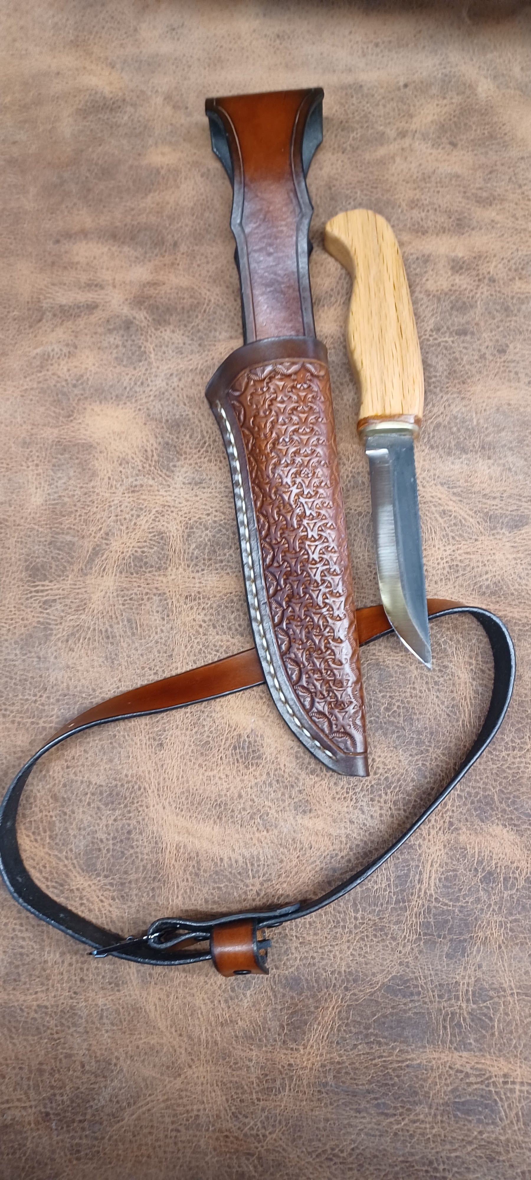 Pecks Woods Leather - Oak Handle / Low Hanging Sheath with Leg Strap #165