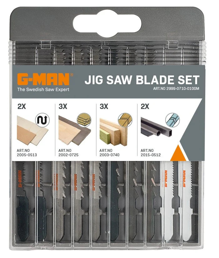 G-Man 10-Piece Jigsaw Blade Set | Premium Swedish Steel | Wood, Plastic & Metal Cutting (T-Shank)
