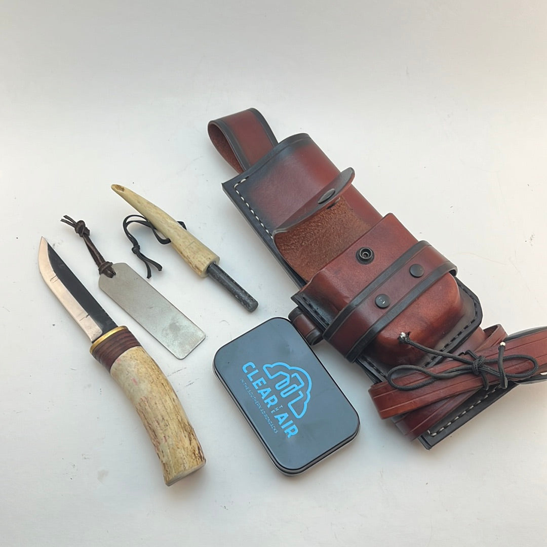 Pecks Woods Leather - Knife, Ferro Rod, Diamond Sharpener, Leather sheath with extra container! #73