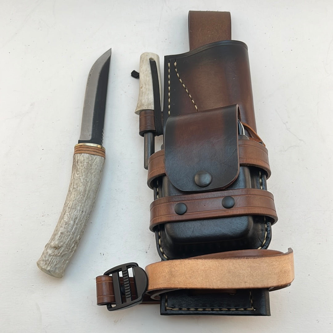 Pecks Woods Leather - Knife, Ferro Rod, Diamond Sharpener, Leather sheath with extra container! #55