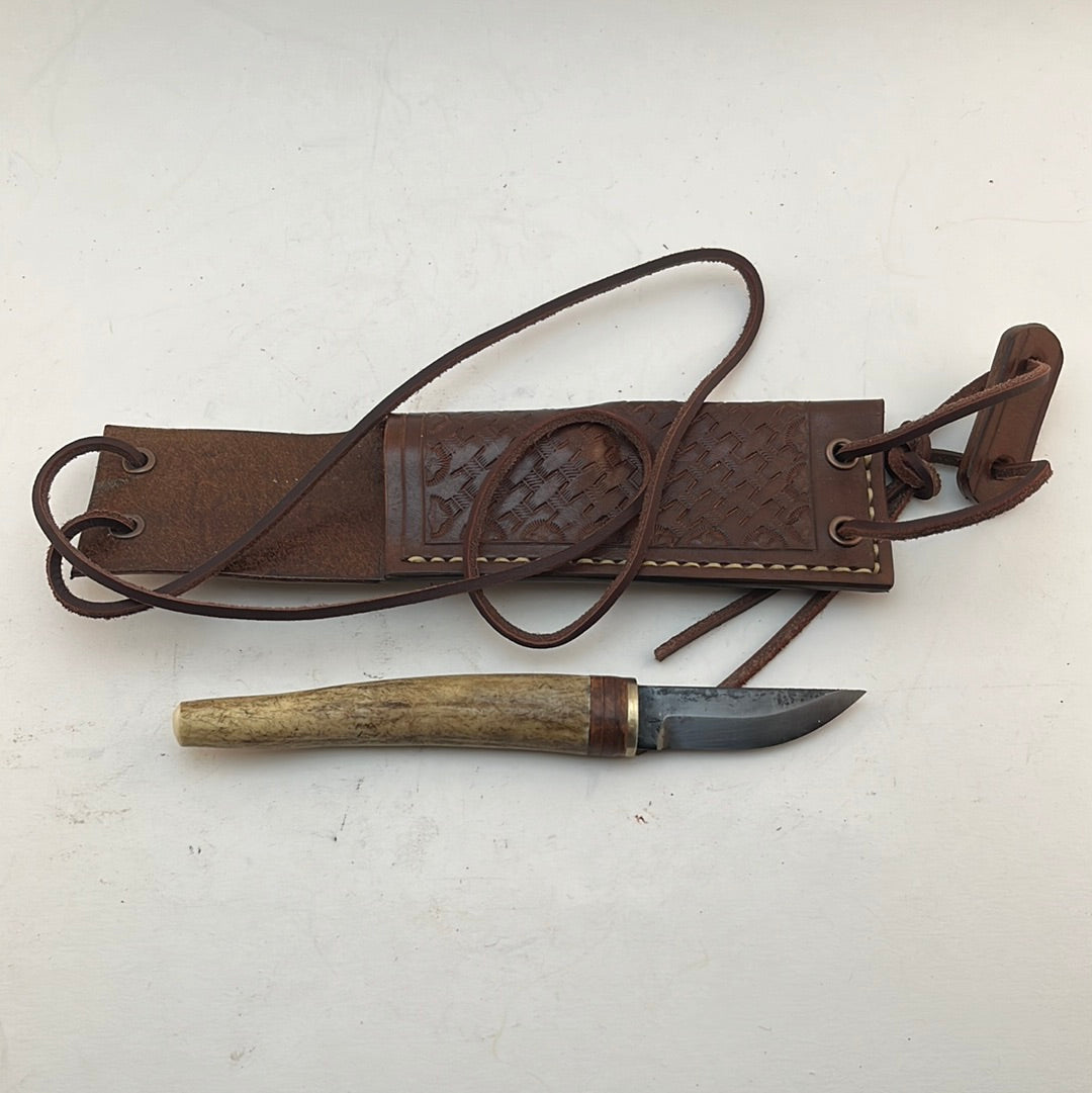 Pecks Woods Leather - Antler and Leather spacer Neck Knife #51