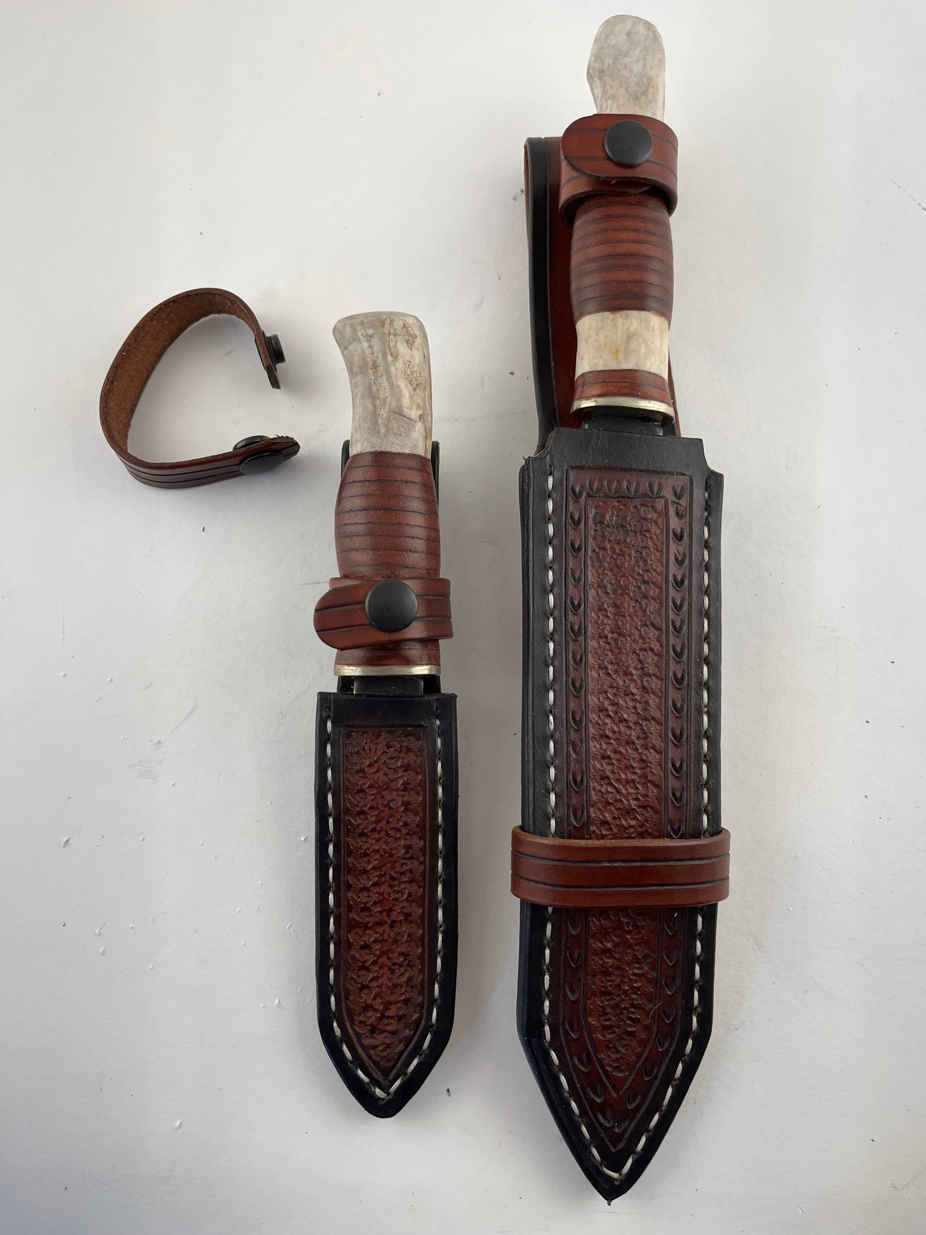Pecks Woods Leather - Leather Spacer handle with antler pieces DOUBLE SET #117