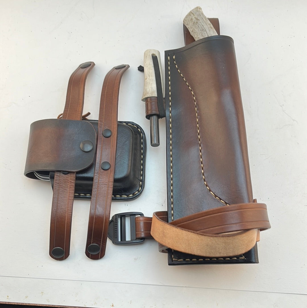 Pecks Woods Leather - Knife, Ferro Rod, Diamond Sharpener, Leather sheath with extra container! #55