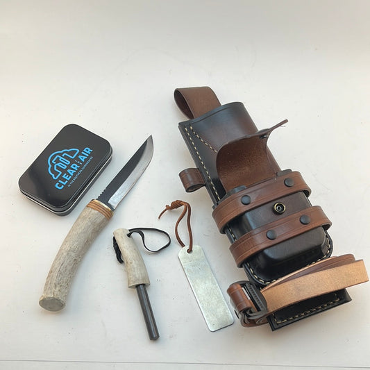 Pecks Woods Leather - Knife, Ferro Rod, Diamond Sharpener, Leather sheath with extra container! #55