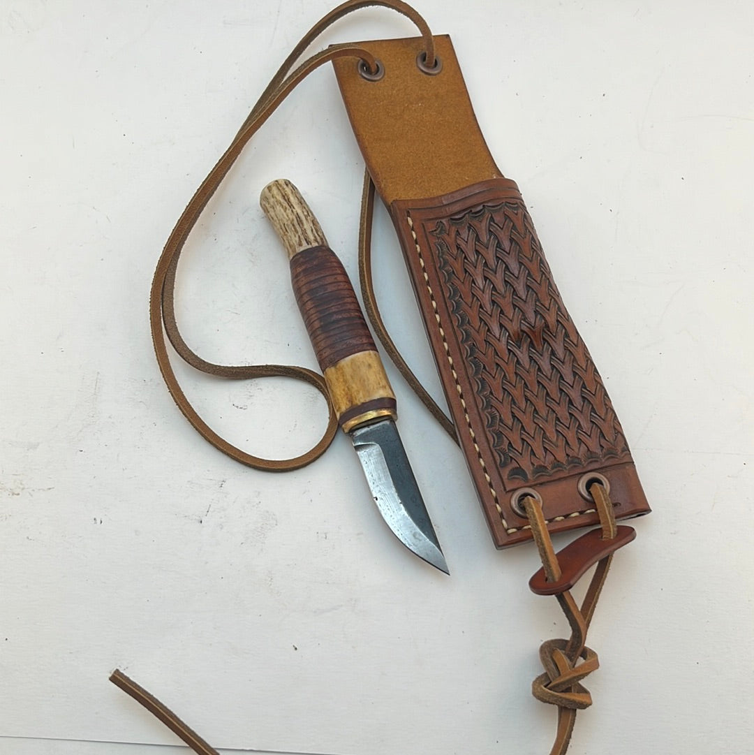 Pecks Woods Leather - Antler and Leather spacer Neck Knife #29