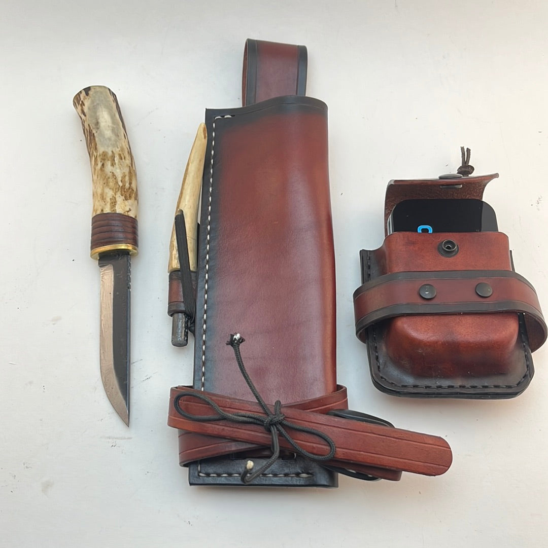 Pecks Woods Leather - Knife, Ferro Rod, Diamond Sharpener, Leather sheath with extra container! #73