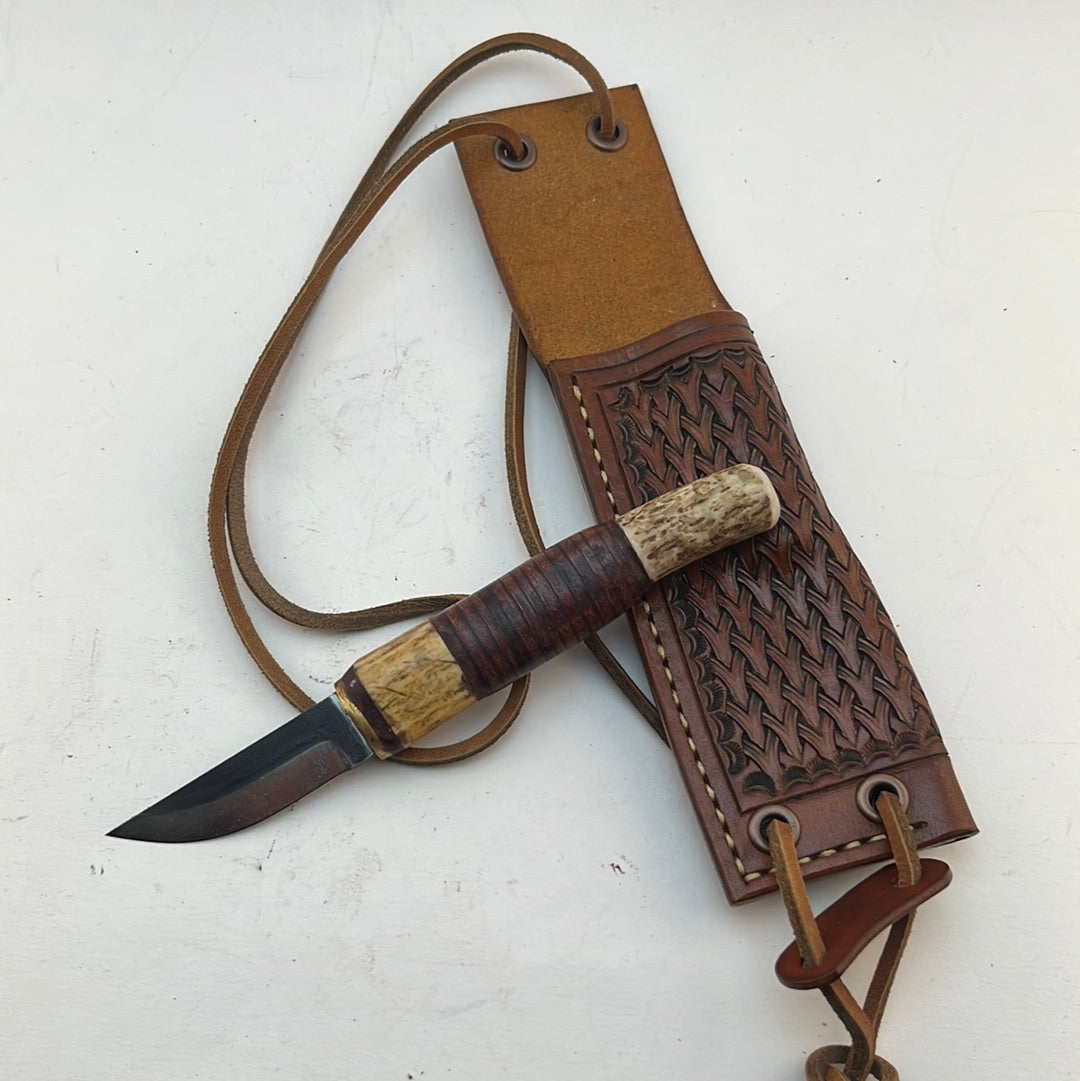 Pecks Woods Leather - Antler and Leather spacer Neck Knife #29