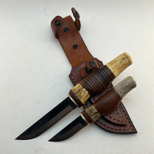 Pecks Woods Leather - Leather Spacer handle with antler pieces DOUBLE SET #76