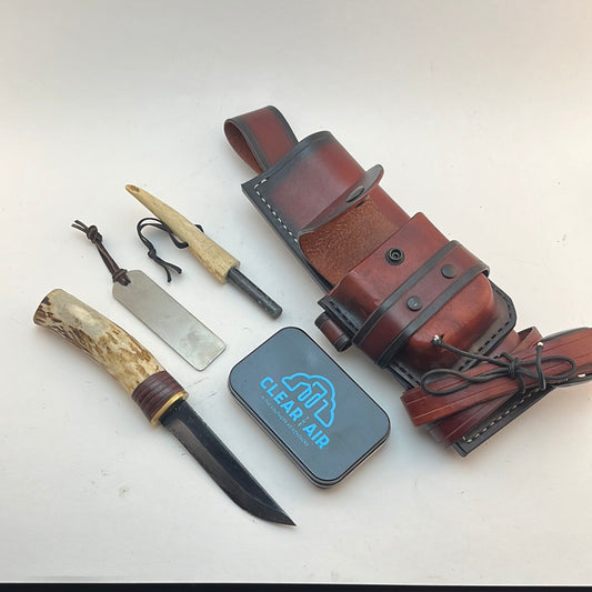 Pecks Woods Leather - Knife, Ferro Rod, Diamond Sharpener, Leather sheath with extra container! #73