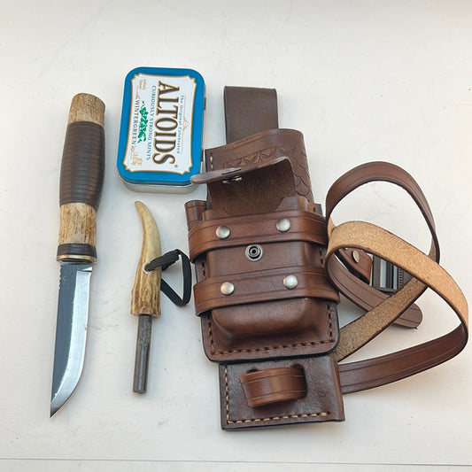 Pecks Woods Leather - Knife, Ferro Rod, Leather sheath with extra container! #56