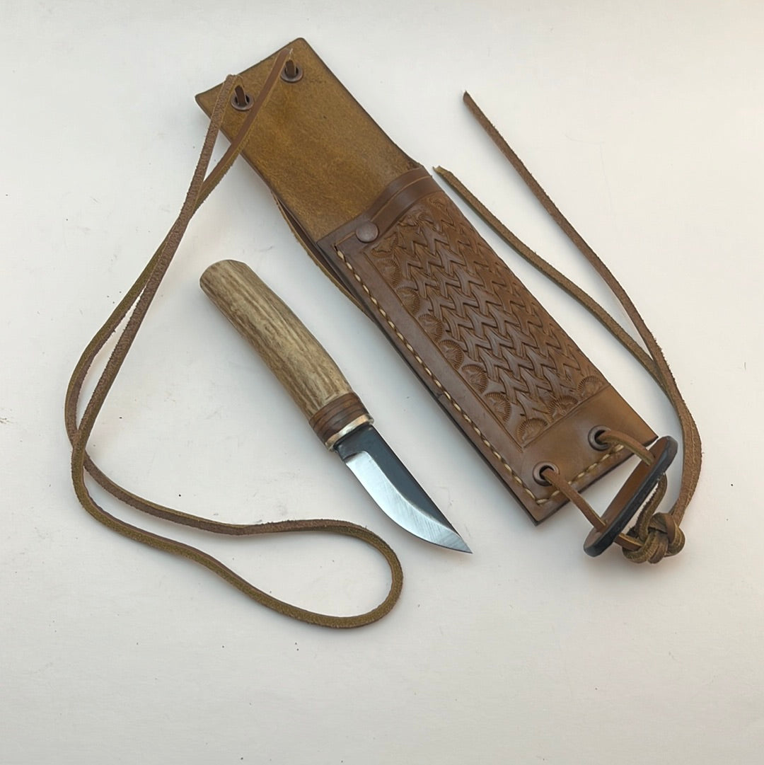 Pecks Woods Leather - Antler and Leather spacer Neck Knife #63