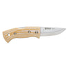 Helle Beige Canvas Micarta folding knife with a beige handle opened on a white background