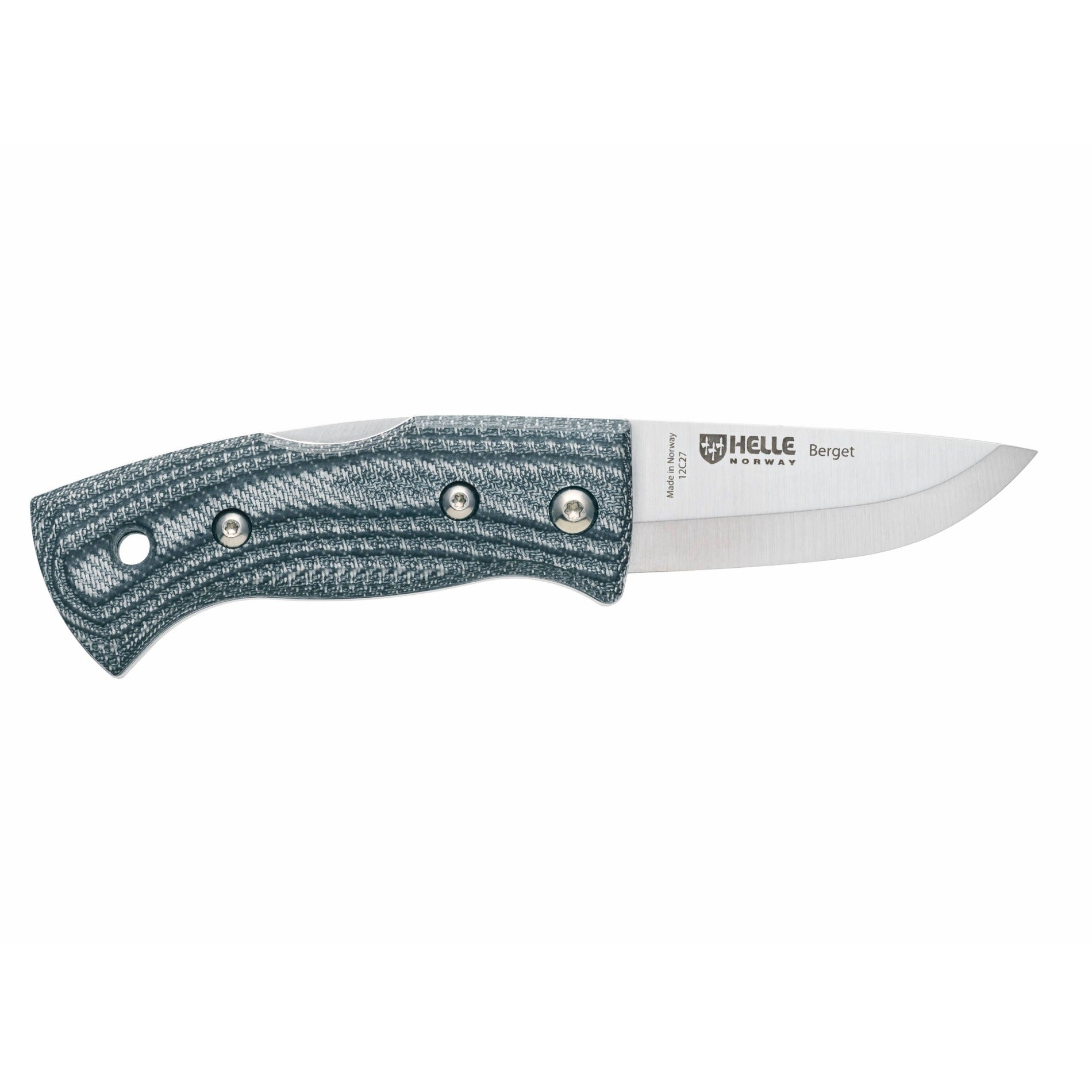 Helle Denim Micarta folding knife with a beige handle opened