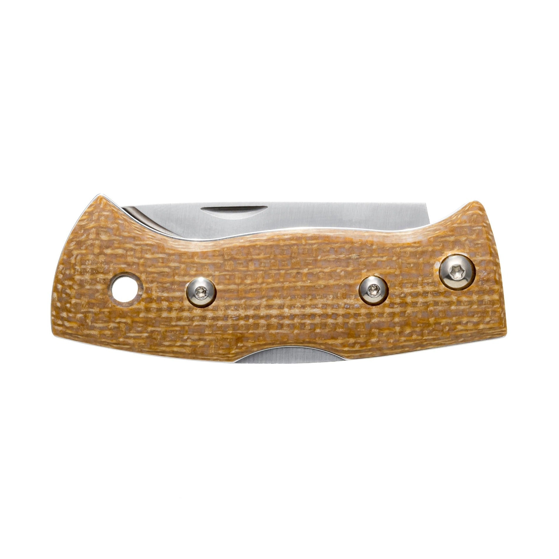 Helle Mustard Jute Micarta folding knife with a beige handle